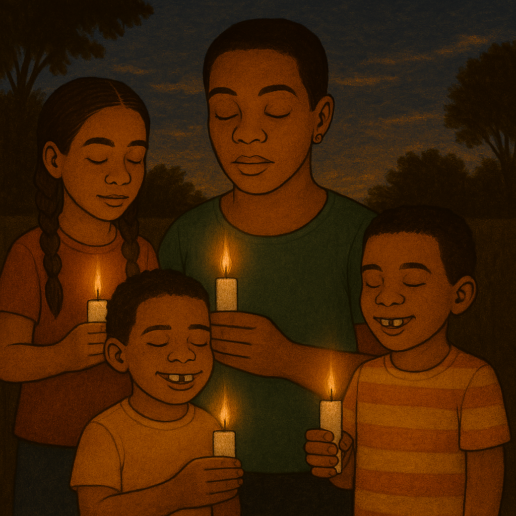 African American mother and her three children standing prayerfully in their backyard at dusk, each holding a lit candle. The scene captures a peaceful family moment during Ordinary Time, with warm candlelight and soft evening shadows. The daughter has br
