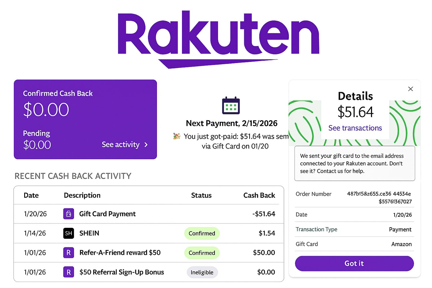 Rakuten cashback proof collage showing $0 confirmed balance, $51.64 gift card payout, and detailed transaction history including SHEIN purchase and referral rewards — visual evidence of Rakuten earnings and payment confirmation