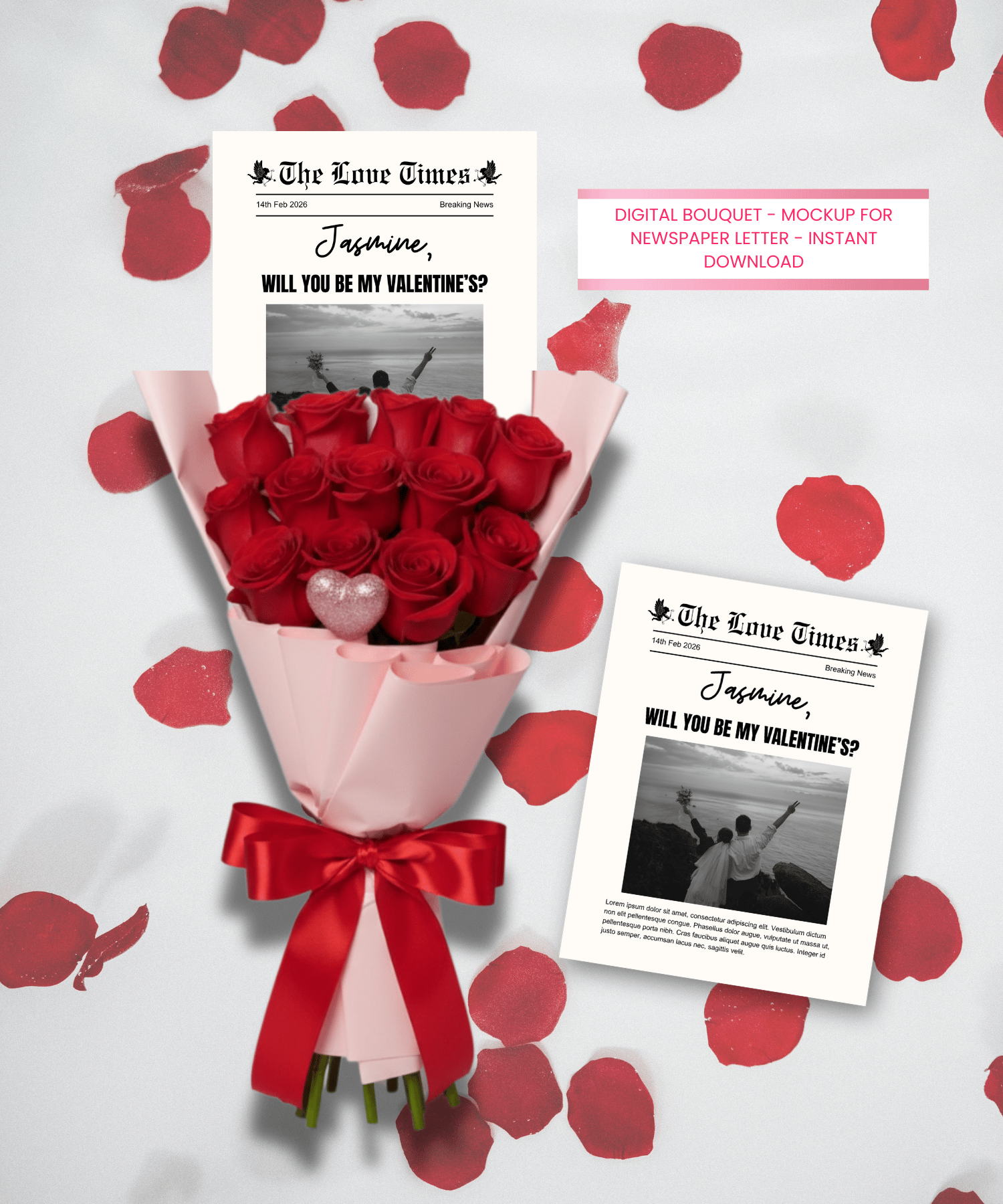 Valentine bouquet mockup with red roses and newspaper frame insert for designers and template sellers