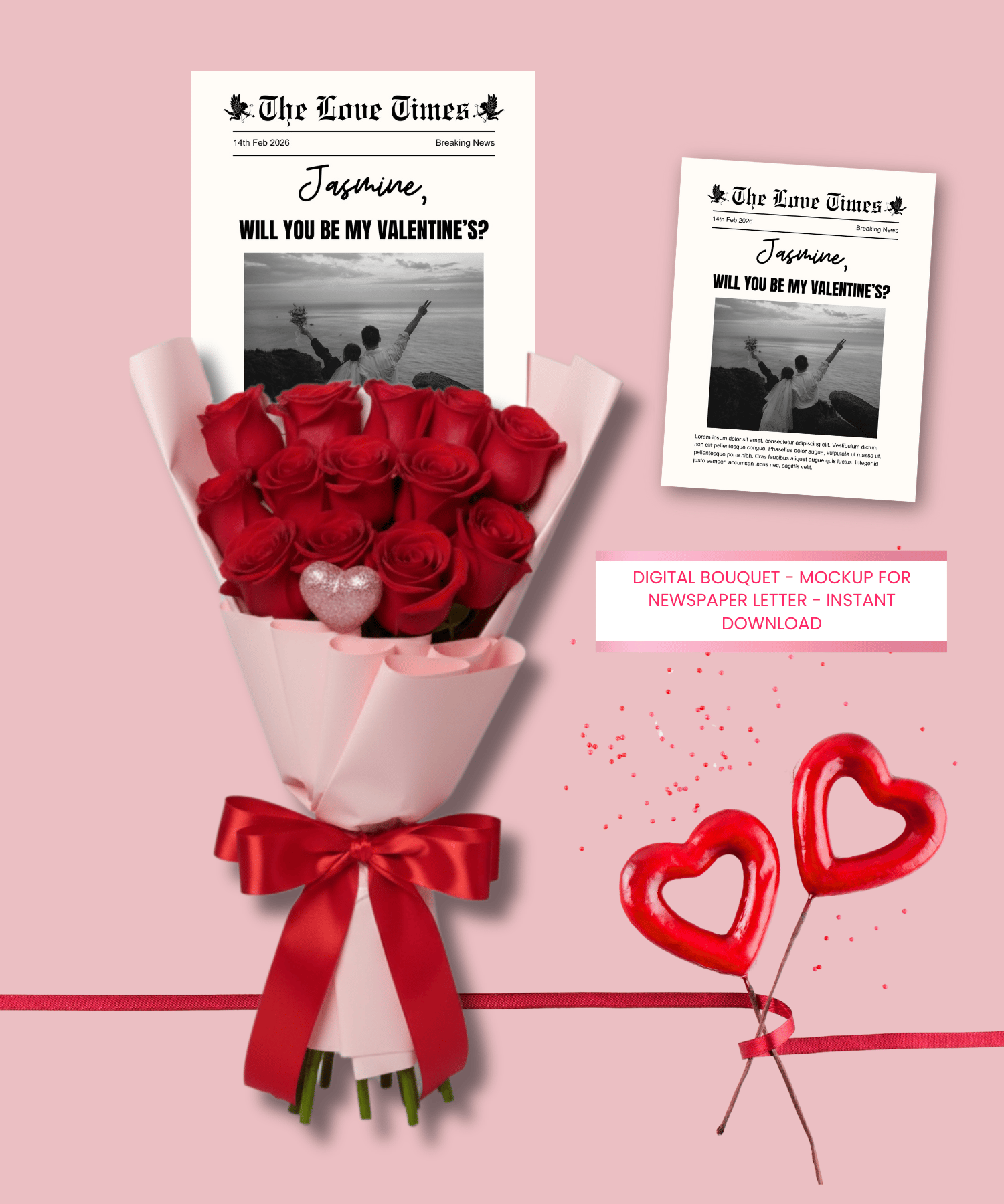 Floral Valentine mockup with newspaper frame for Canva templates, Etsy and Payhip sellers
