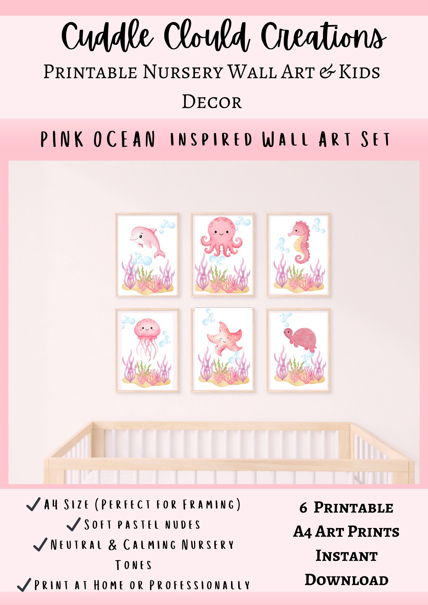 Pink Ocean Animals Nursery Wall Art Printable Set | Under the Sea ...