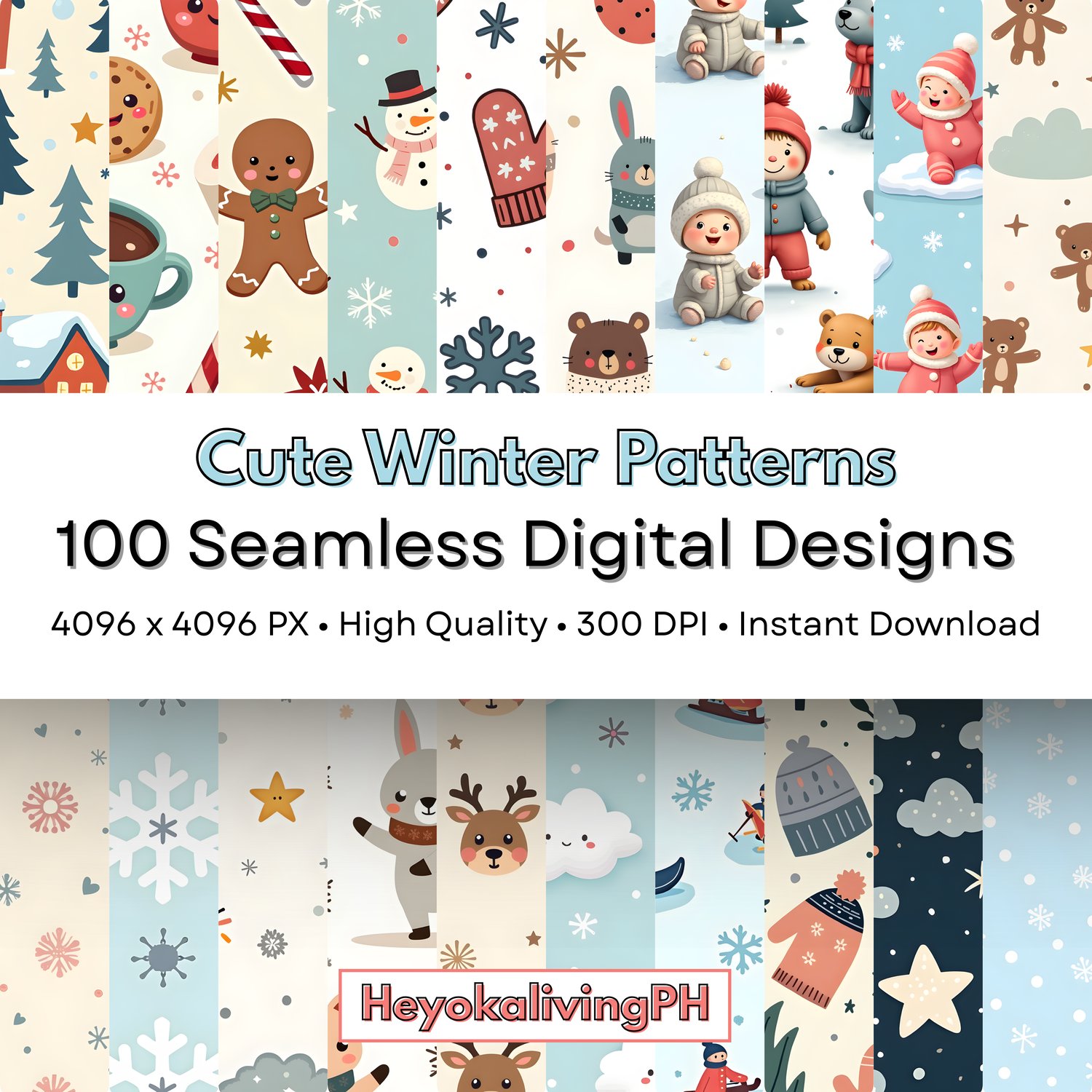A digital advertisement for winter patterns featuring a collage of 18 different cartoon-style winter-themed seamless patterns, arranged in two rows of nine, with various pastel colors and whimsical designs, including snowmen, children, animals, and winter