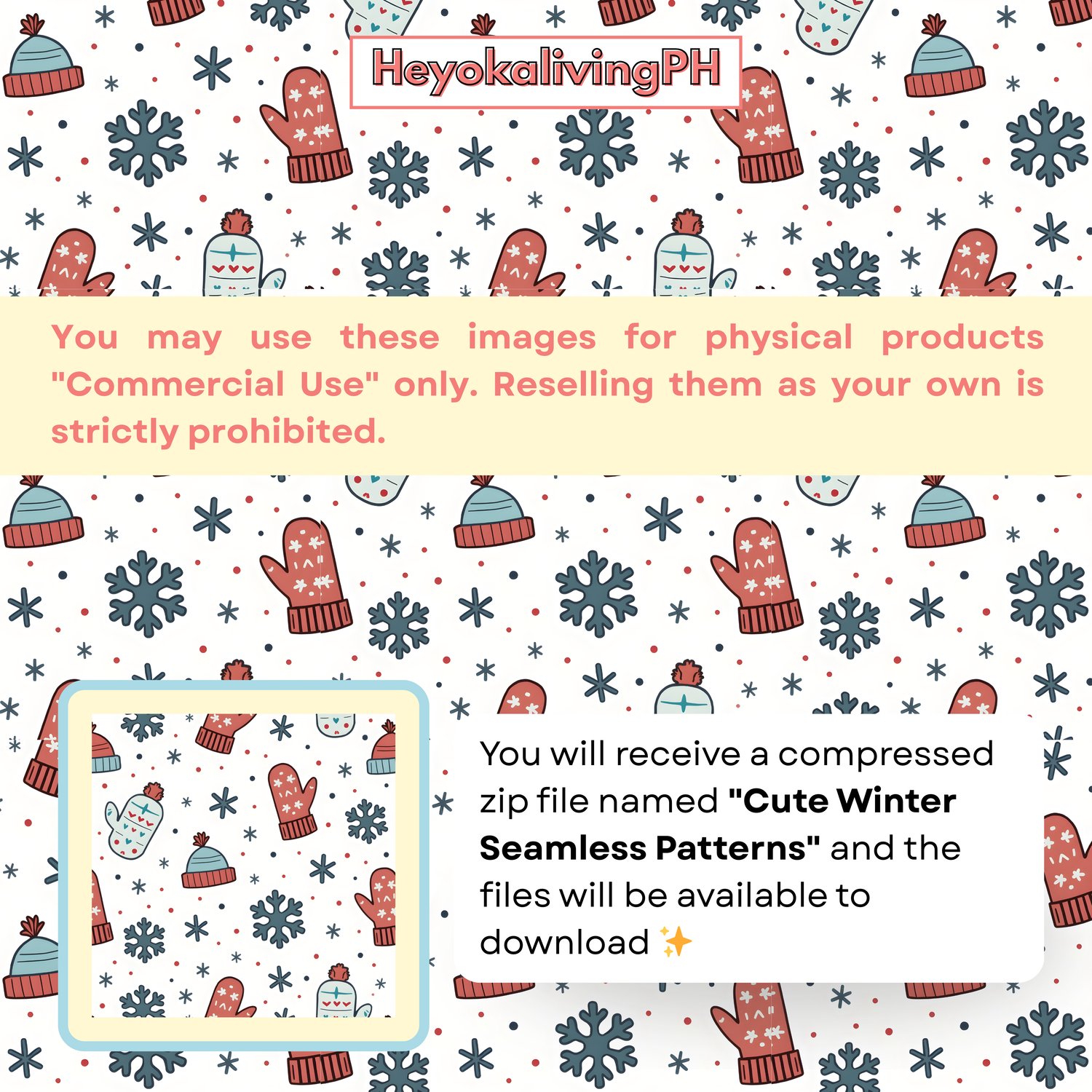 A seamless winter-themed pattern featuring cartoon-style illustrations of hats, mittens, and snowflakes on a white background, with a central section containing a yellow text box with red text stating "You may use these images for physical products Comme