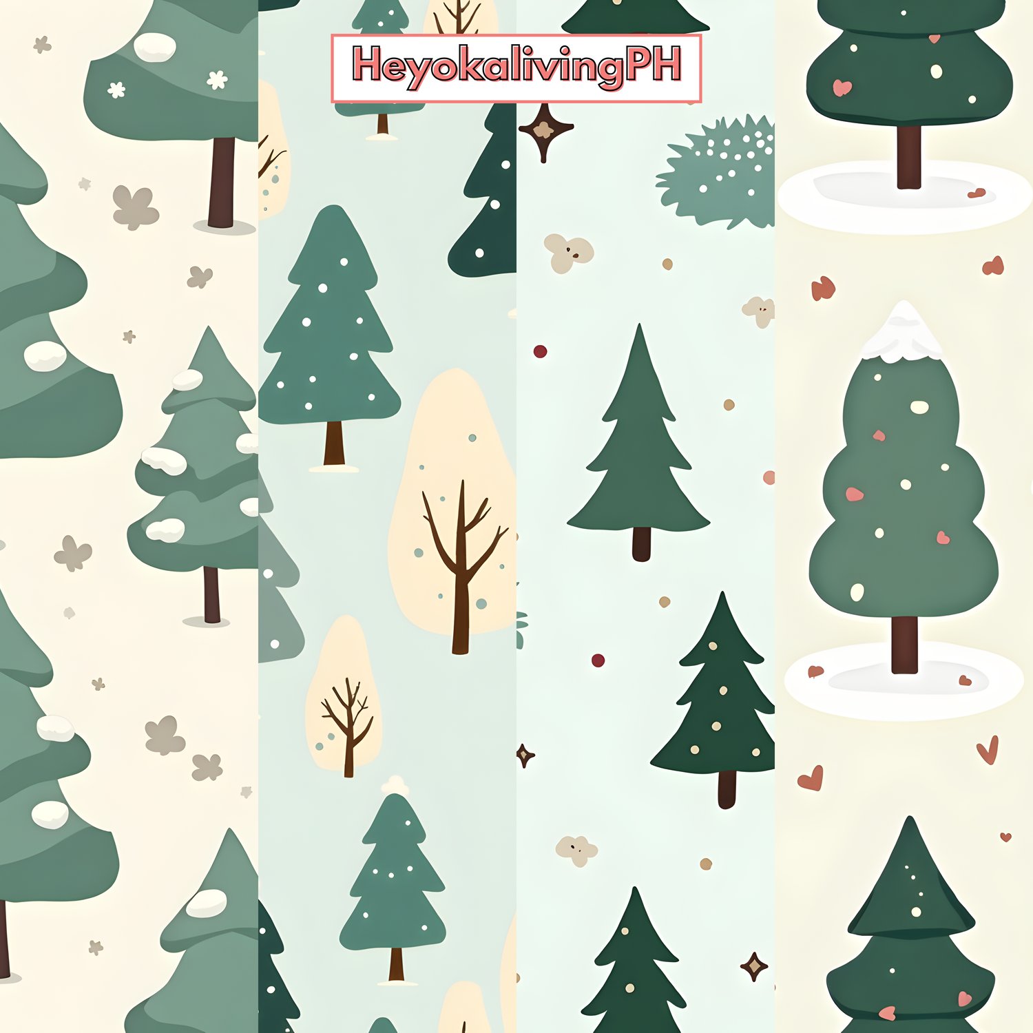 An image featuring a winter forest scene with cartoon-style trees, snow-covered ground, and scattered hearts and snowflakes, divided into four vertical sections with different shades of green and beige backgrounds, with a red-outlined white rectangle in t