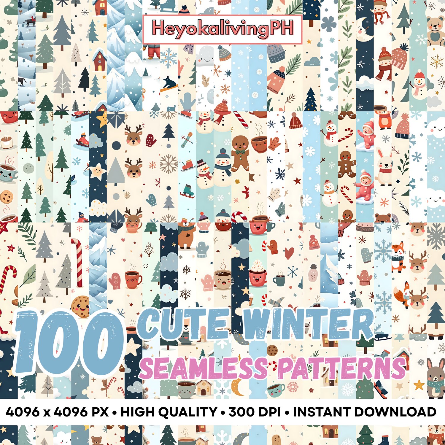 A mobile phone displaying a graphic advertisement for winter seamless patterns, The main content area features a colorful collage of various winter-themed seamless patterns, including cartoon-style illustrations of snowmen, trees, animals, and festive obj