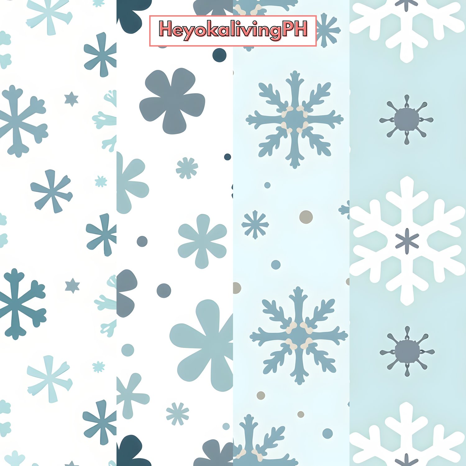 A digital wallpaper with a snowflake pattern, the wallpaper is divided into three vertical sections with different shades of blue and white, featuring various snowflakes and flowers in different sizes and colors, with a red rectangle in the center contain