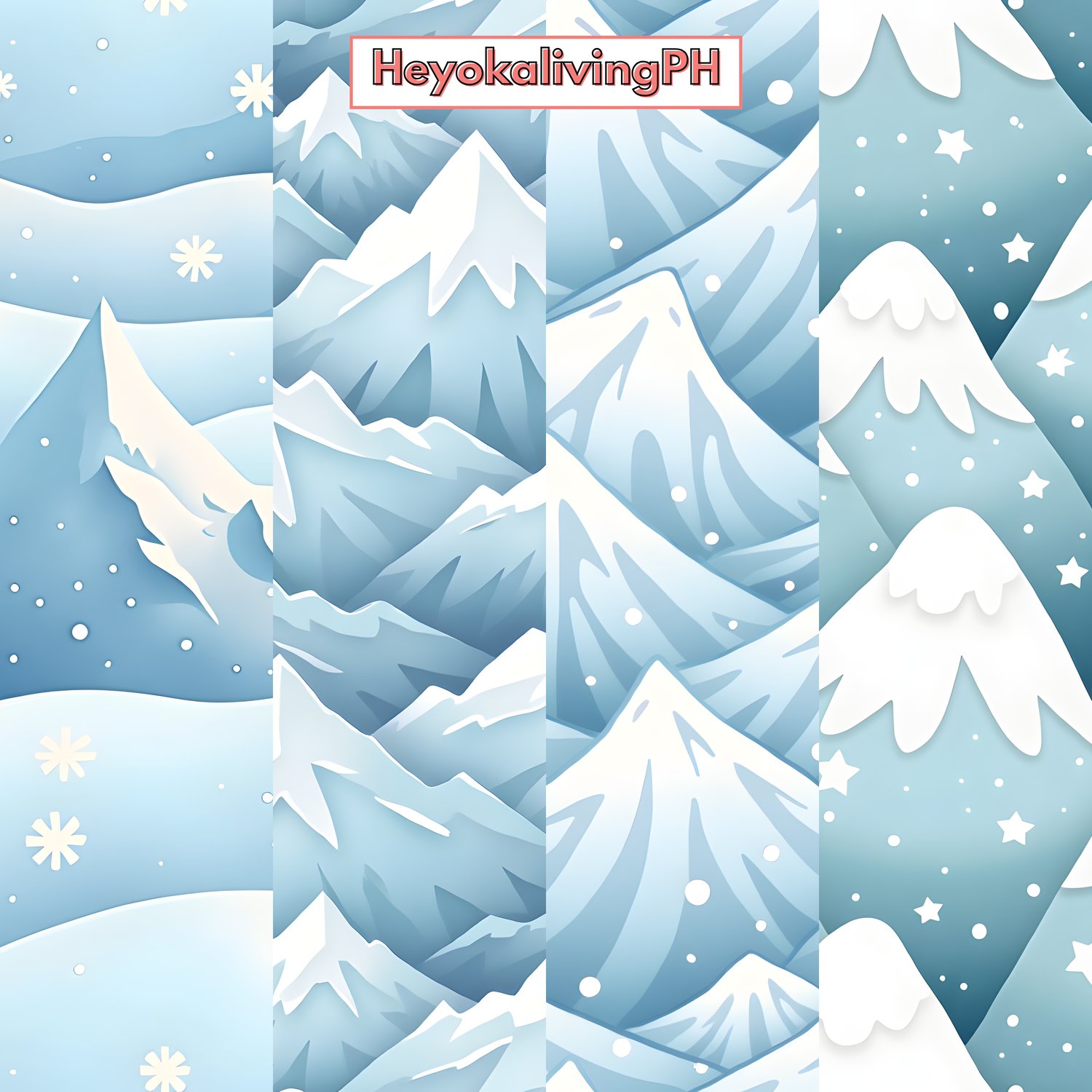 A mobile phone screenshot with a black status bar at the top and bottom, featuring a winter-themed wallpaper in the center. The wallpaper is a stylized, layered illustration of blue and white mountains with snowflakes and stars, divided into four vertical