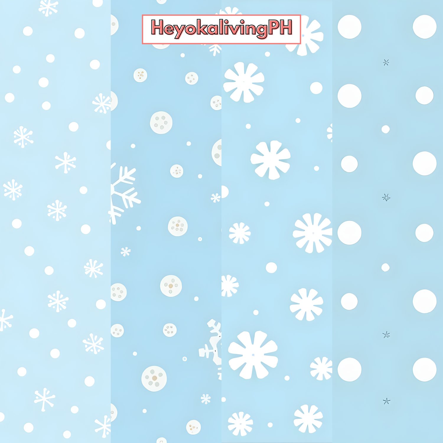 A scree image editing interface, with a black bar at the top featuring a left-pointing arA light blue rectangle contains various white snowflakes and circles of different sizes, with a red-outlined rectangle in the center containing the text "Heyokaliving