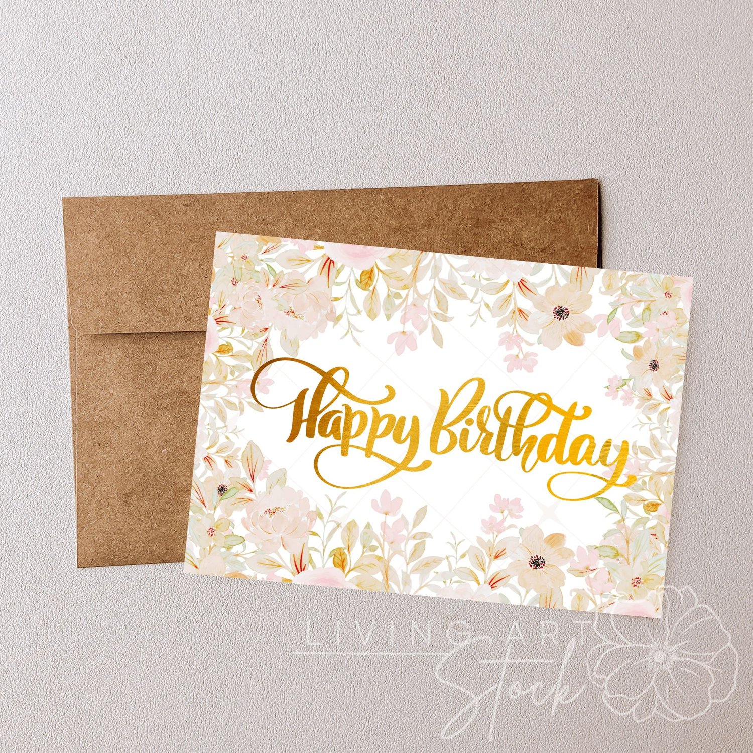 This high-quality digital illustration features a soft, romantic watercolor floral border framing a central message. The botanical elements consist of delicate blush pink peonies, pale peach blossoms, and soft green and gold-toned leaves. In the center, t