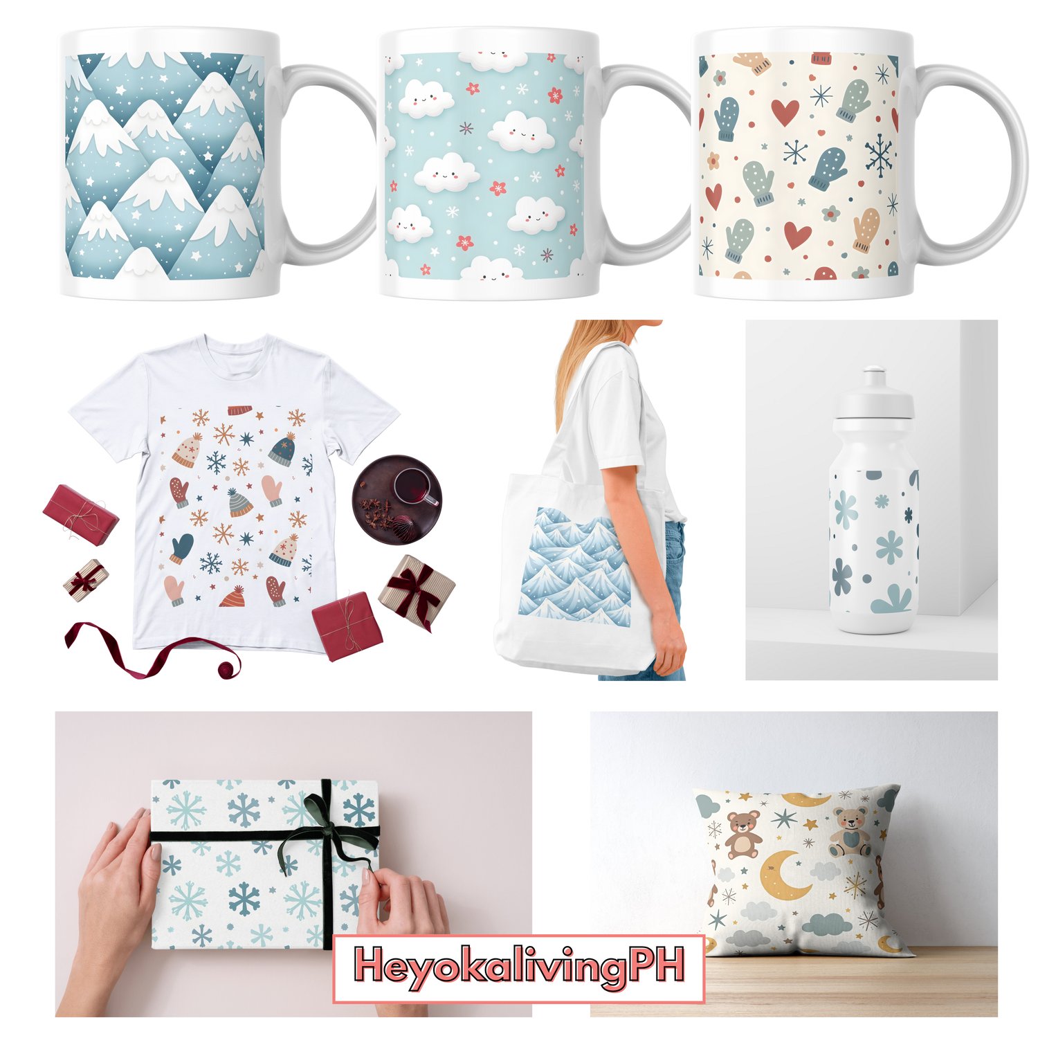 A collage of various winter-themed merchandise on a white background, featuring three white mugs with different designs: the first mug has a blue and white mountain range pattern with snowflakes, the second mug displays a light blue sky with clouds and sn