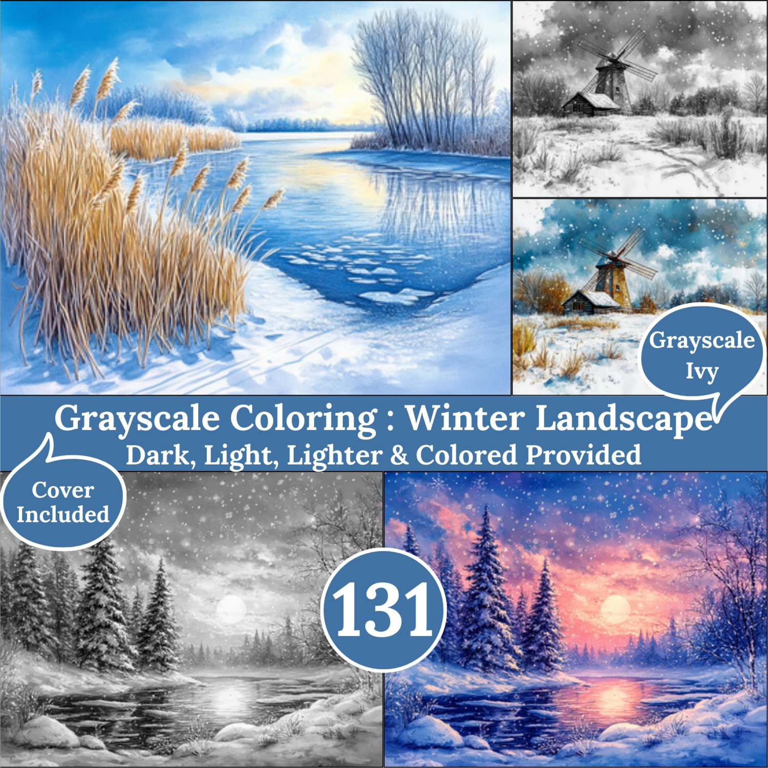 Winter Landscape, 131 Coloring Pages, Grayscale Drawings, Dark Light Lighter and Colored Versions,  Digital Art Sheets, Frosted Landscape