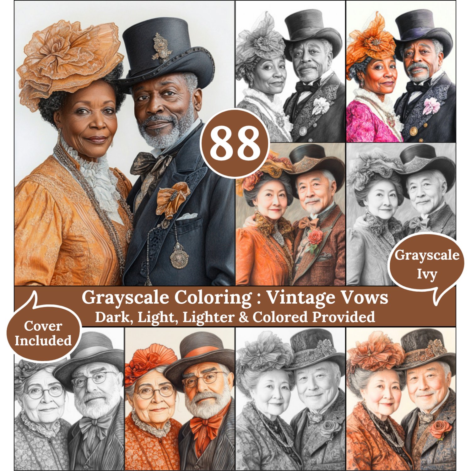 Vintage Vows, 88 Coloring Pages, Grayscale Drawings, Dark Light Lighter and Colored Versions,  Digital Art Sheets, Victorian Couples