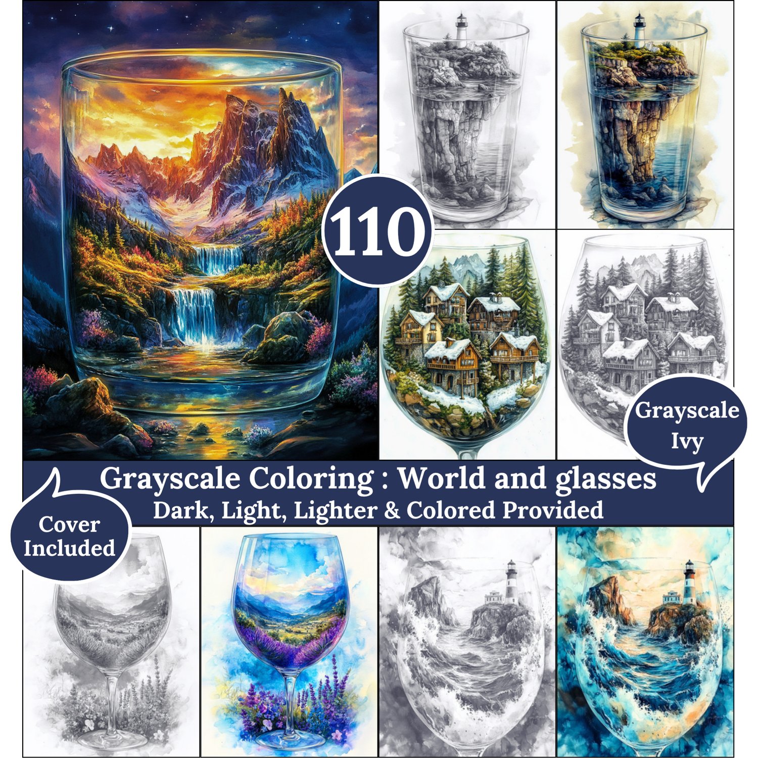 World and Glasses, 110 Coloring Pages, Grayscale Drawings, Dark Light Lighter and Colored Versions,  Digital Art Sheets, Fantasy Landscape
