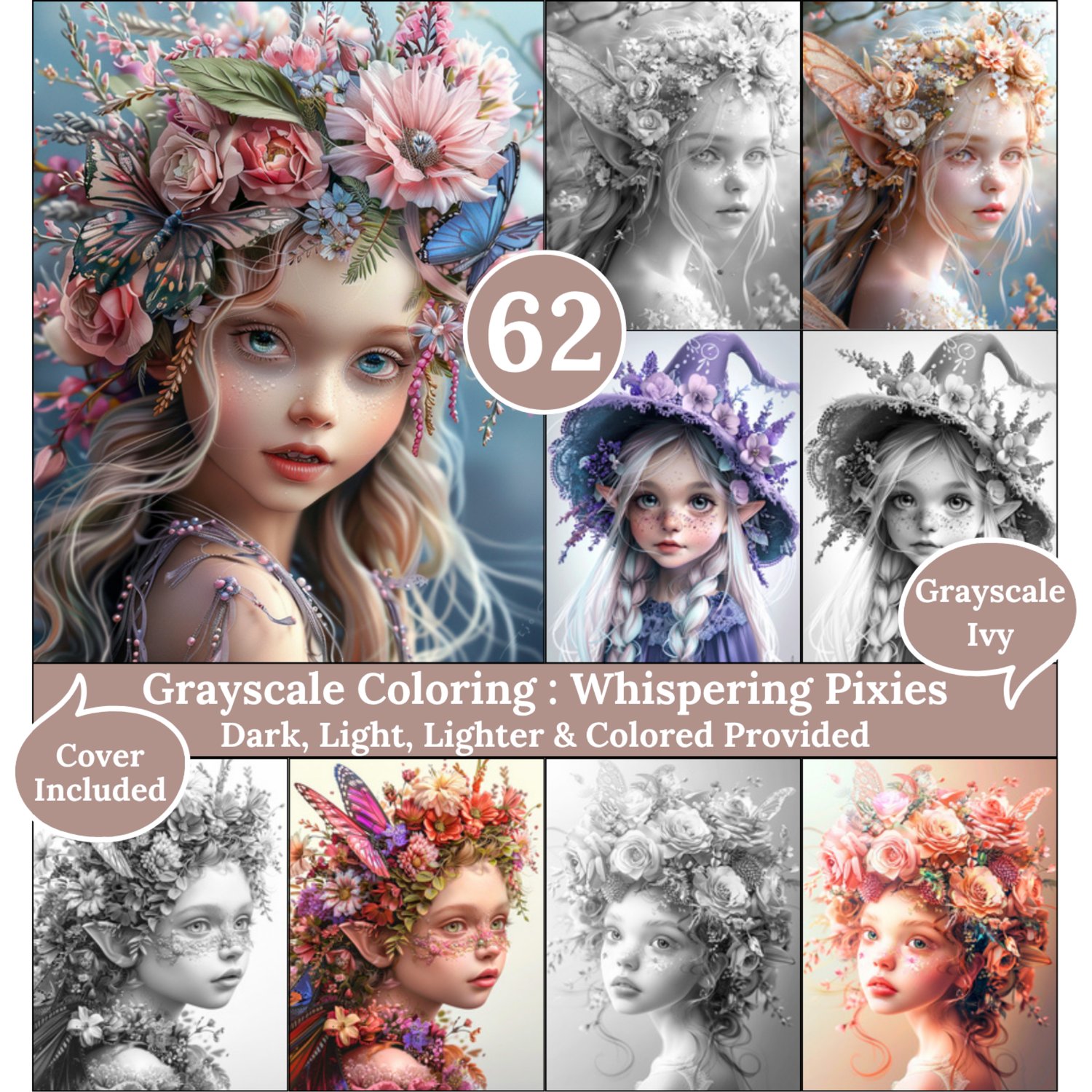 Whispering Pixies, 62 Coloring Pages, Grayscale Drawings, Dark Light Lighter and Colored Versions,  Digital Art Sheets, Forest Fairies