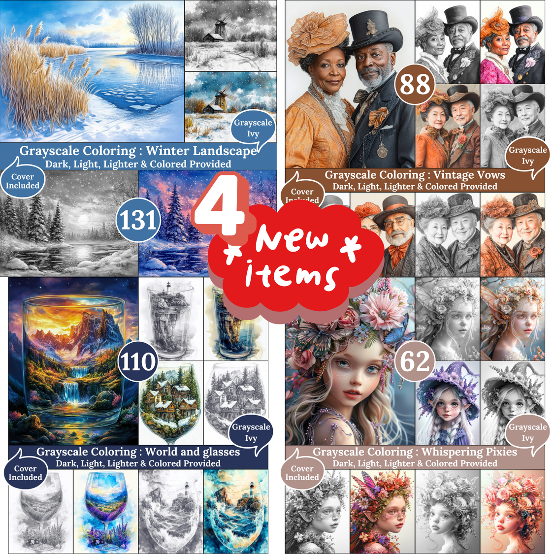 Grayscale Ivy New Arrivals — February 07, 2025 4 New Grayscale Coloring Books for Adults – Printable Digital PDFs Each book includes Dark, Light, Lighter & Colored versions, ideal for peaceful and creative coloring moments.