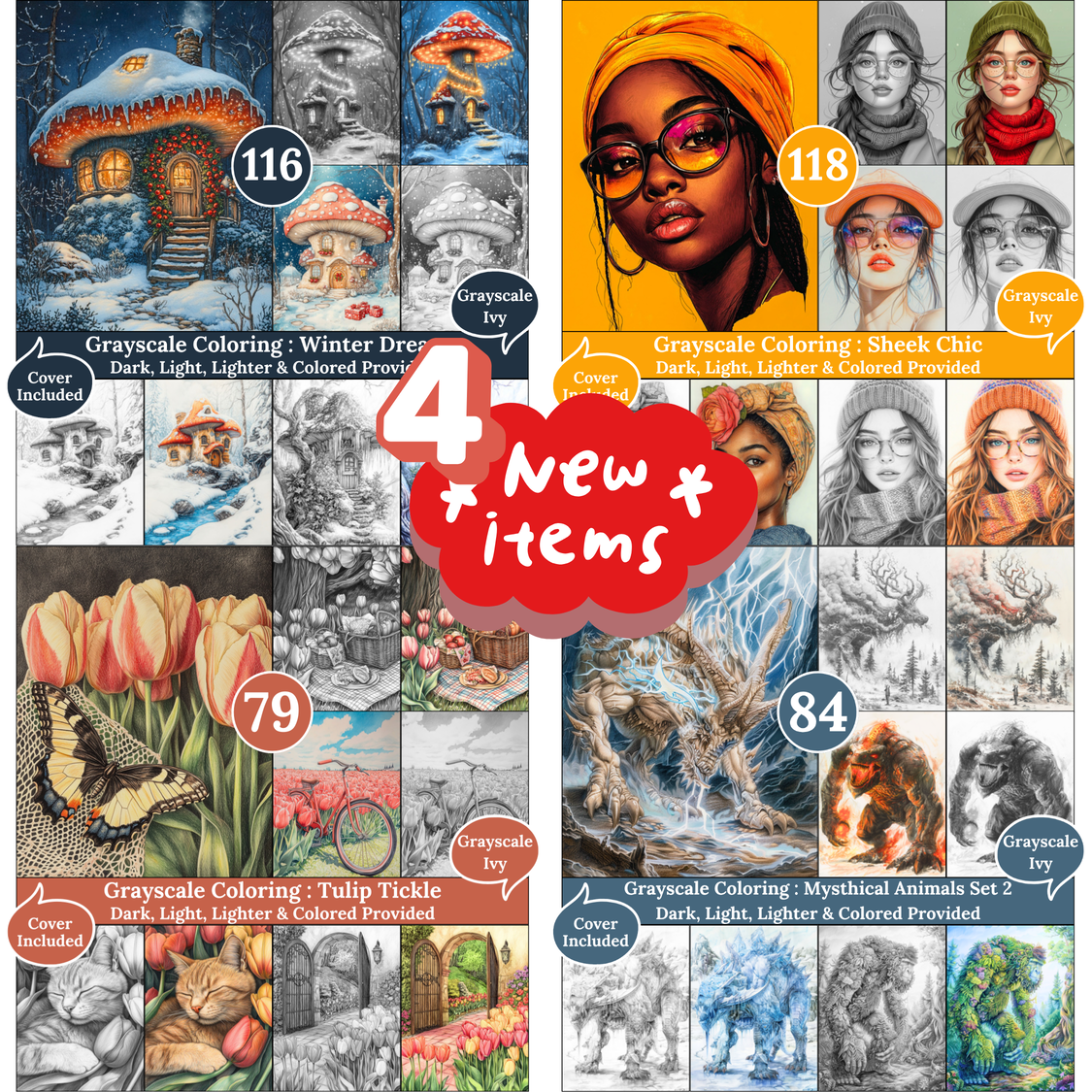 Grayscale Ivy New Arrivals — February 14, 2026 4 New Grayscale Coloring Books for Adults – Printable Digital PDFs Each book includes Dark, Light, Lighter & Colored versions, designed for relaxing and imaginative coloring moments.