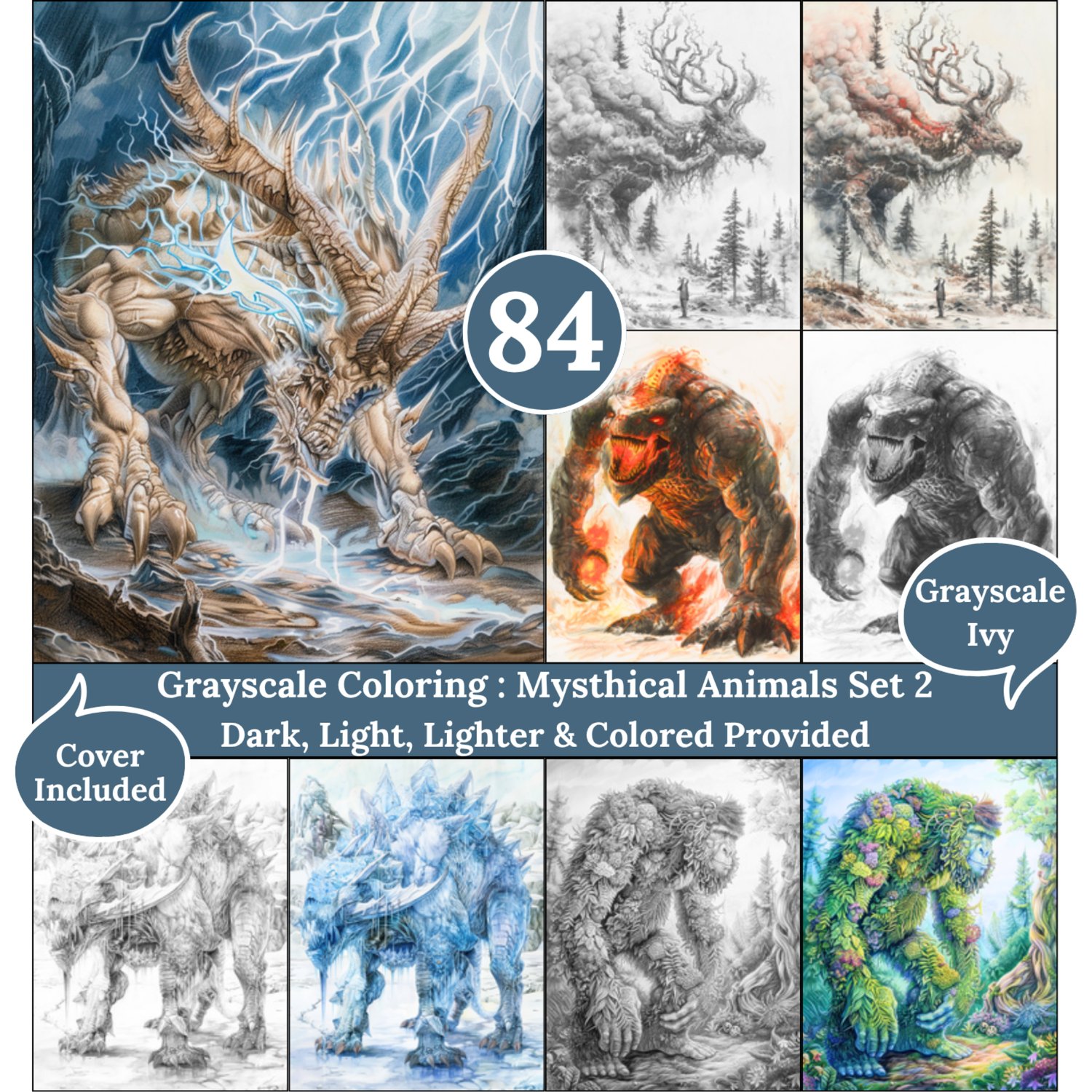 Mysthical Animals, 105 Coloring Pages, Grayscale Drawings, Dark Light Lighter and Colored Versions,  Digital Art Sheets, Giant Fantasy Animals