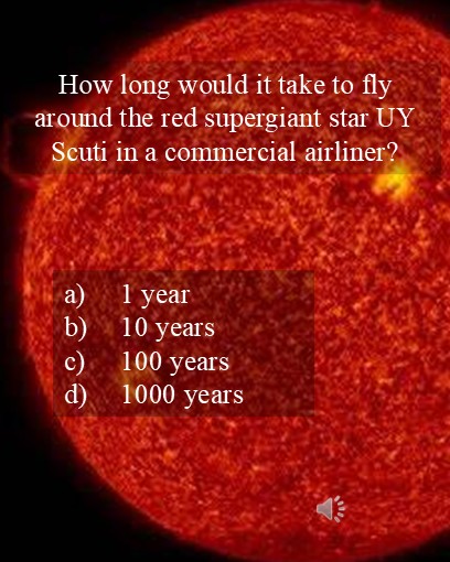 How long would it take to fly around the red supergiant star UY Scuti in a commercial airliner?
