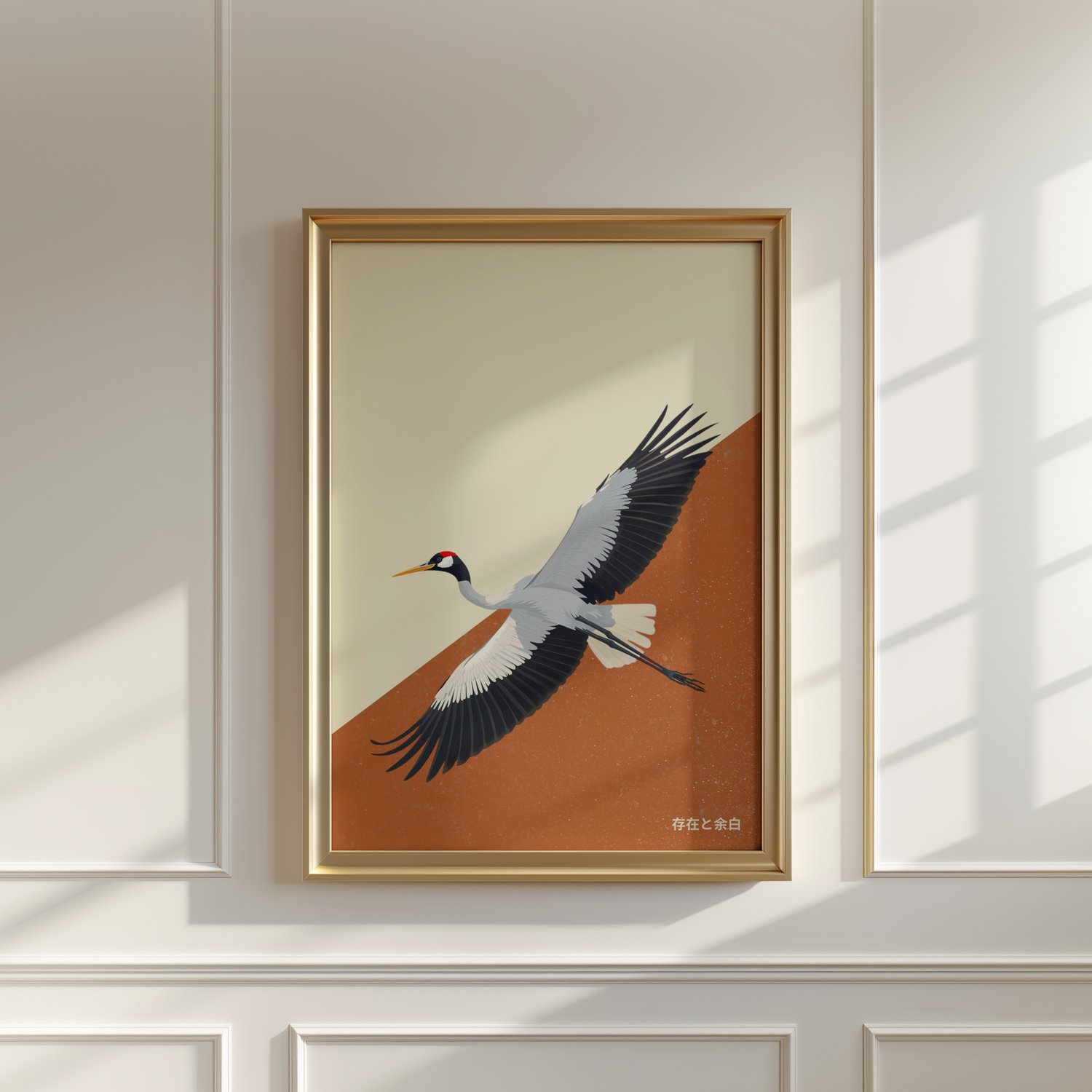 Minimalist Japanese crane wall art poster with flying crane illustration in neutral tones, framed artwork displayed in a modern interior.