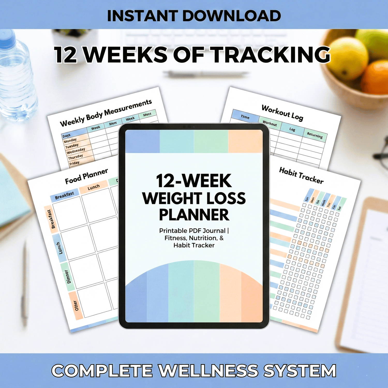Ultimate 12-Week Weight Loss Planner | Fitness, Meal & Habit Tracker Printable PDF