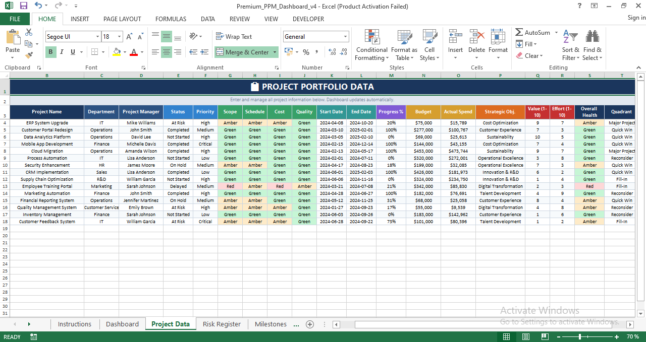 Project portfolio data sheet in Excel for managing project status, priority, budget, progress, timelines, and strategic objectives