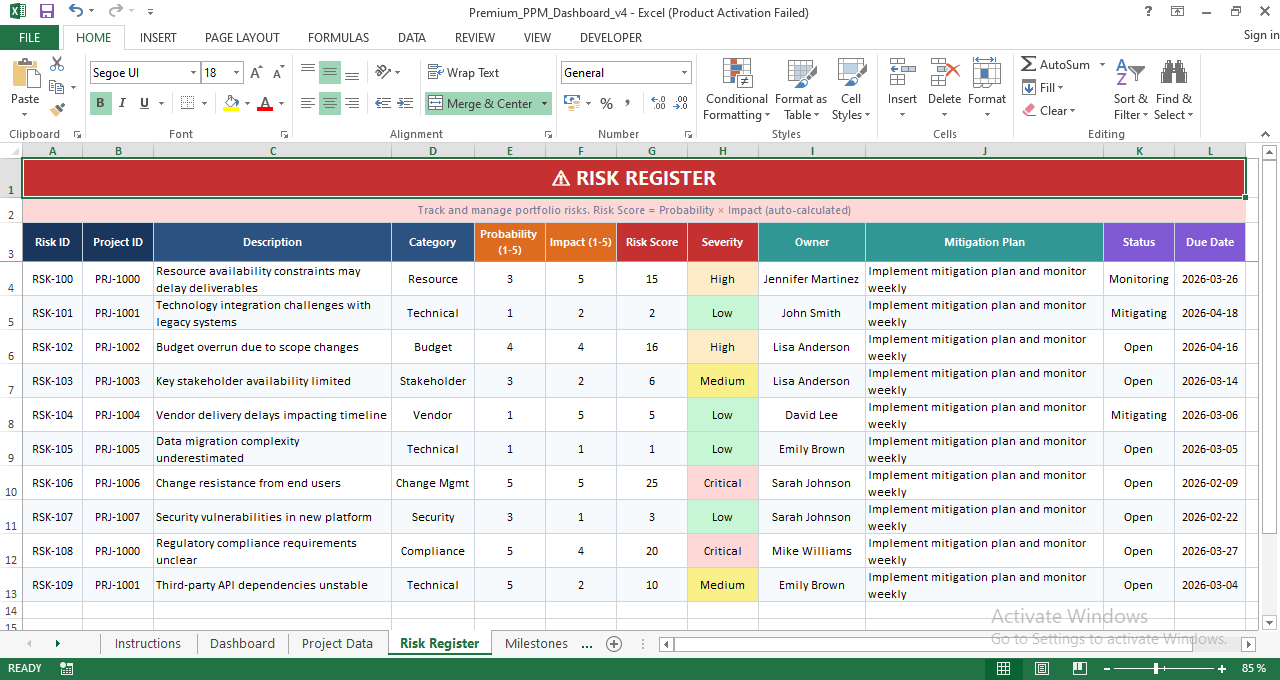 Project portfolio risk register template in Excel with probability, impact, risk score, severity levels, and mitigation plans