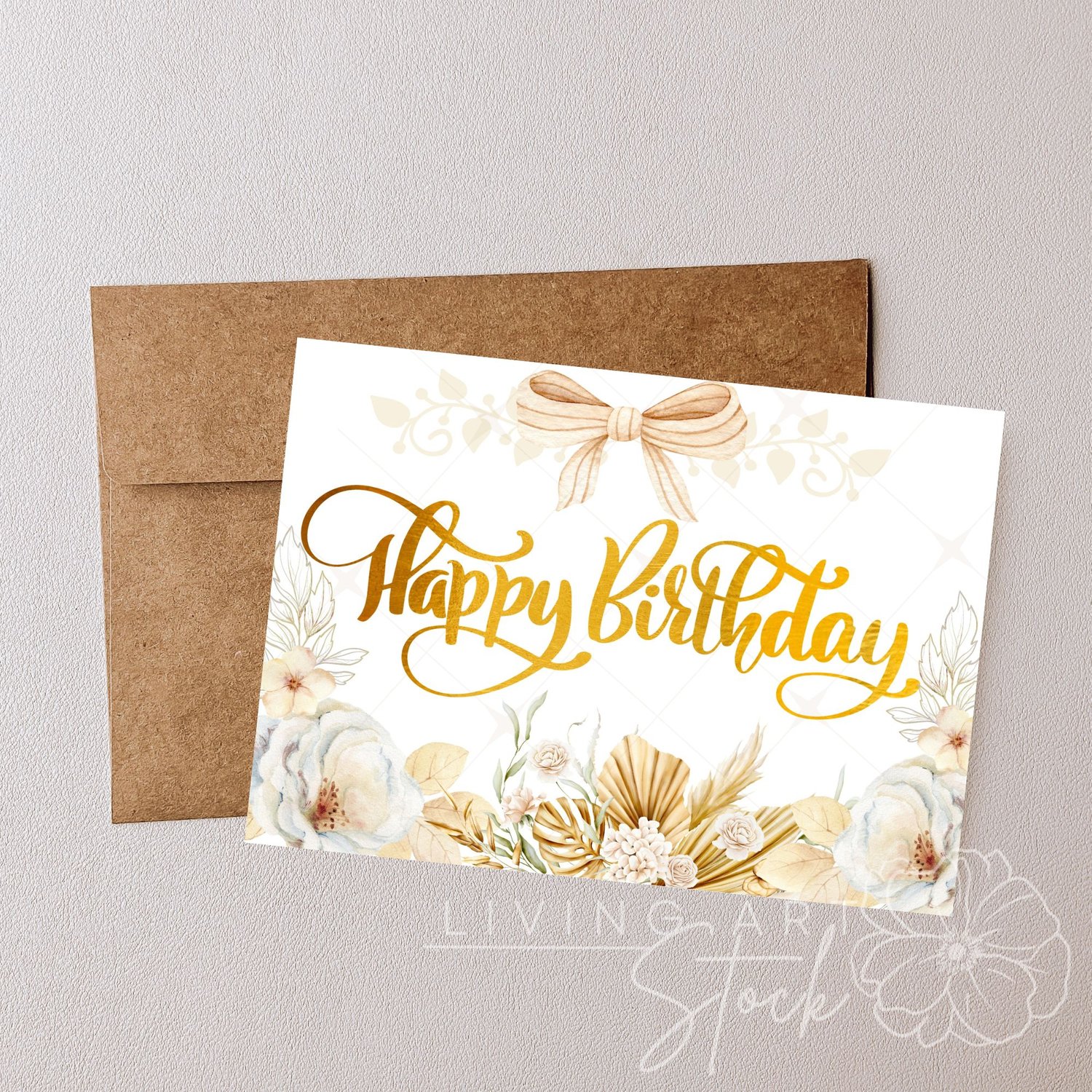 This high-quality digital illustration features a sophisticated "Happy Birthday" message in shimmering gold foil script. The design is framed by a delicate watercolor arrangement of cream-colored roses, dried pampas grass, and golden monstera leaves, evok