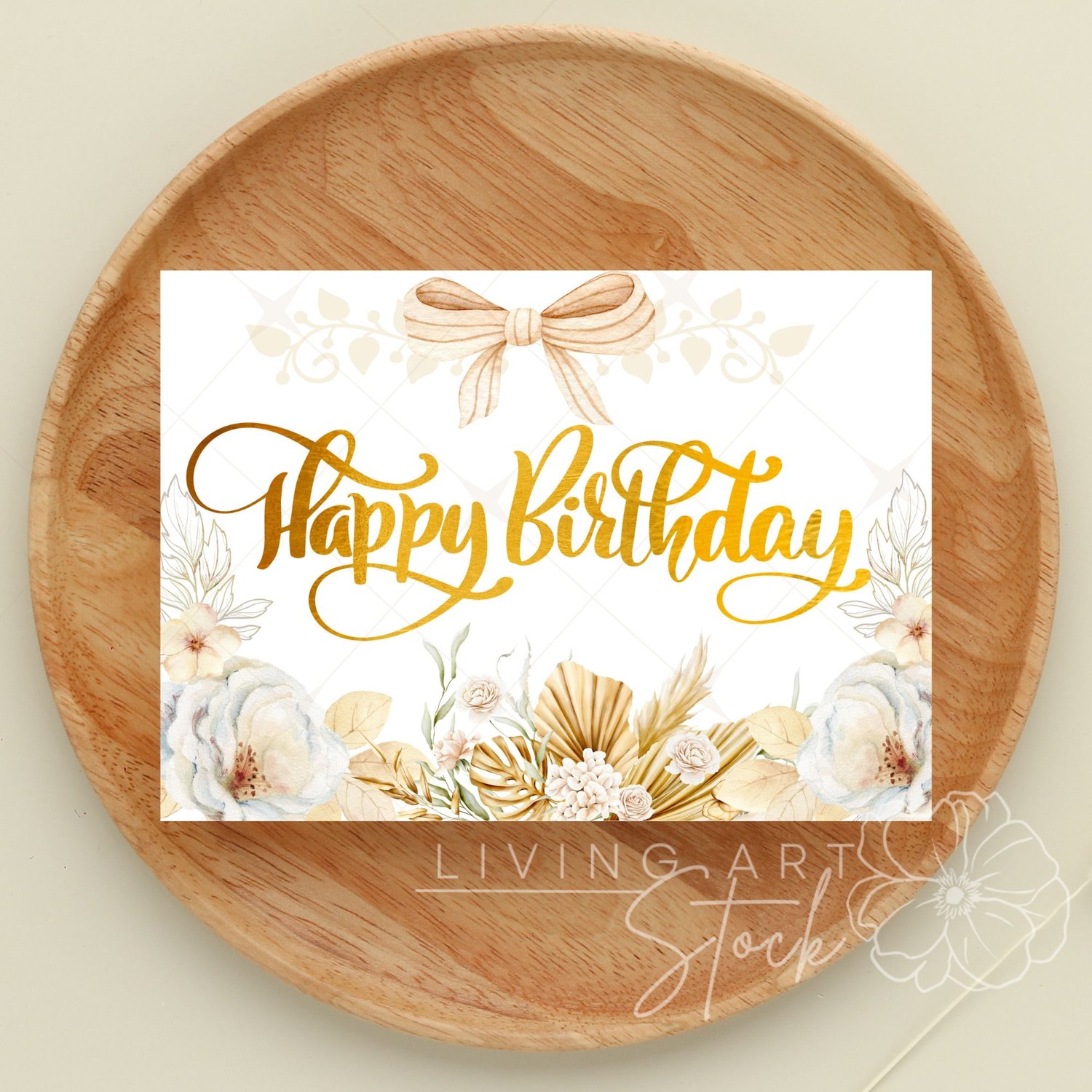 This high-quality digital illustration features a sophisticated "Happy Birthday" message in shimmering gold foil script. The design is framed by a delicate watercolor arrangement of cream-colored roses, dried pampas grass, and golden monstera leaves, evok