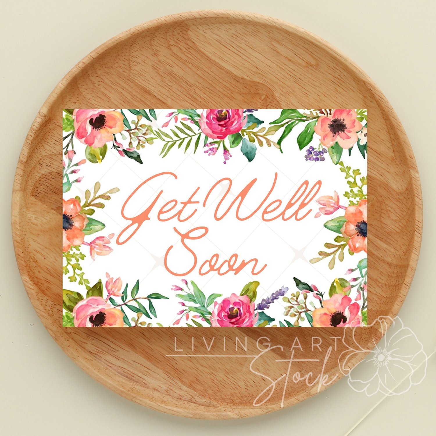get well soon, watercolor flowers, floral border, peach anemone, pink roses, recovery card, sympathy greeting, botanical frame, hand-painted floral, wellness card, script typography, lavender sprigs, floral stationery, printable greeting card, thinking of