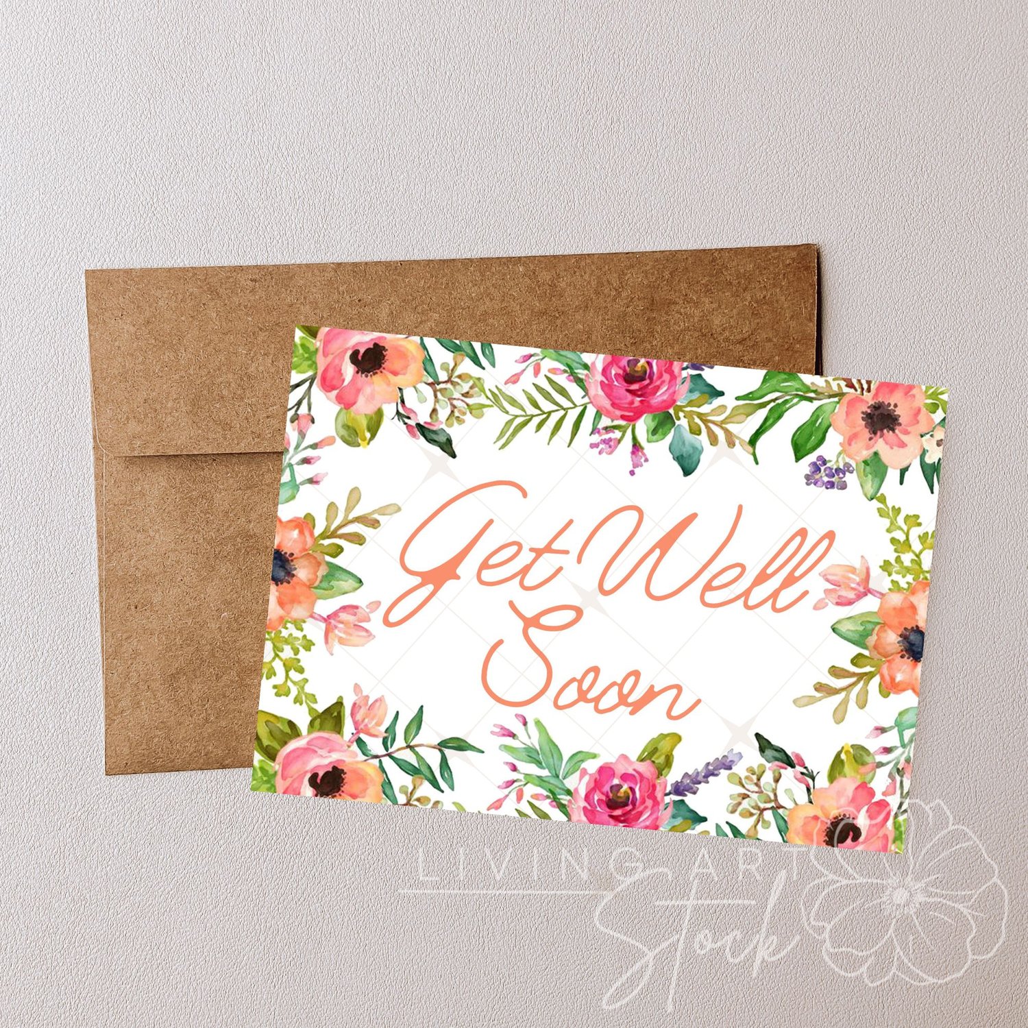 get well soon, watercolor flowers, floral border, peach anemone, pink roses, recovery card, sympathy greeting, botanical frame, hand-painted floral, wellness card, script typography, lavender sprigs, floral stationery, printable greeting card, thinking of