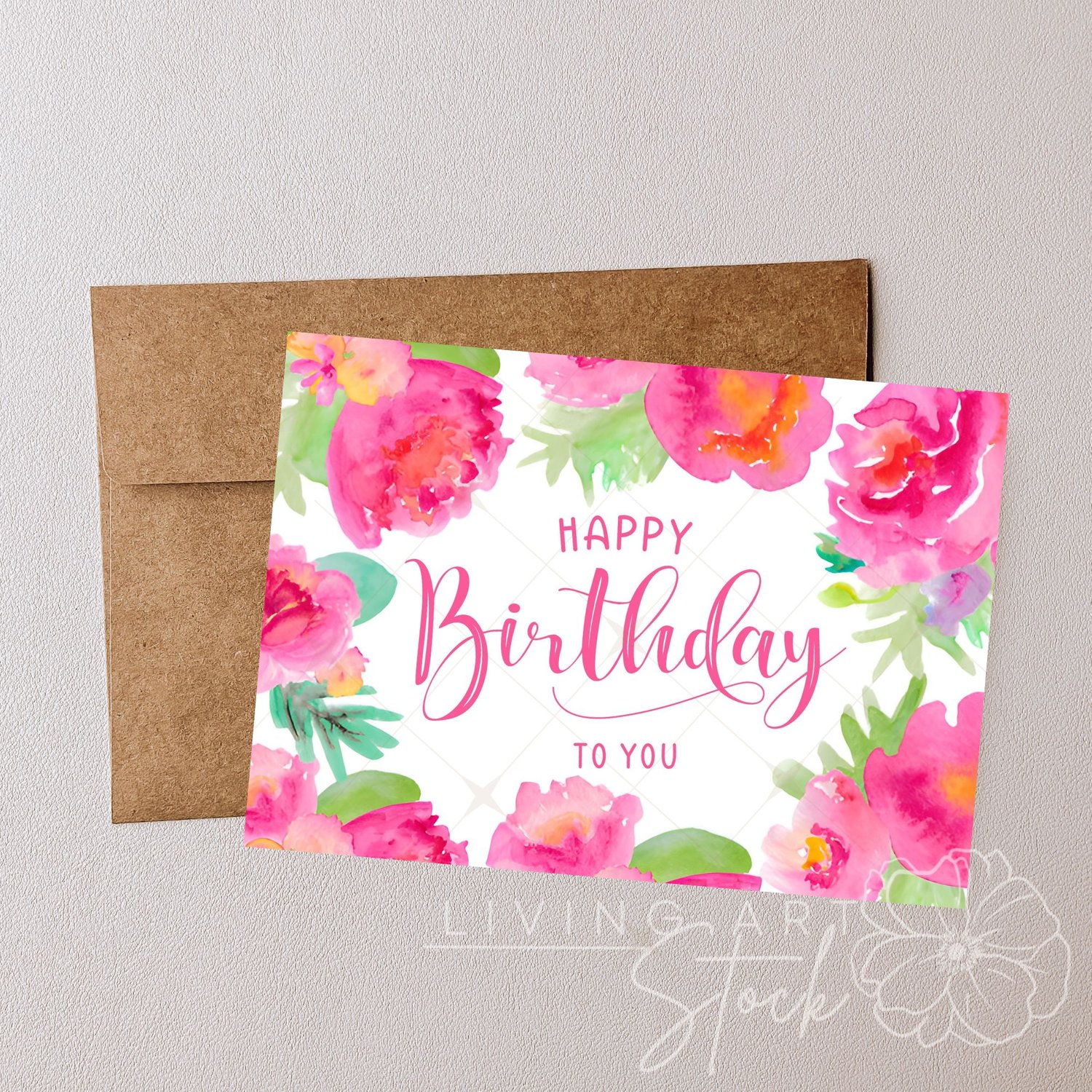 This energetic and modern digital illustration features a loose, expressive watercolor border of blooming pink peonies and lush green foliage. The message "Happy Birthday To You" is styled with a mix of clean sans-serif and elegant magenta script at the c