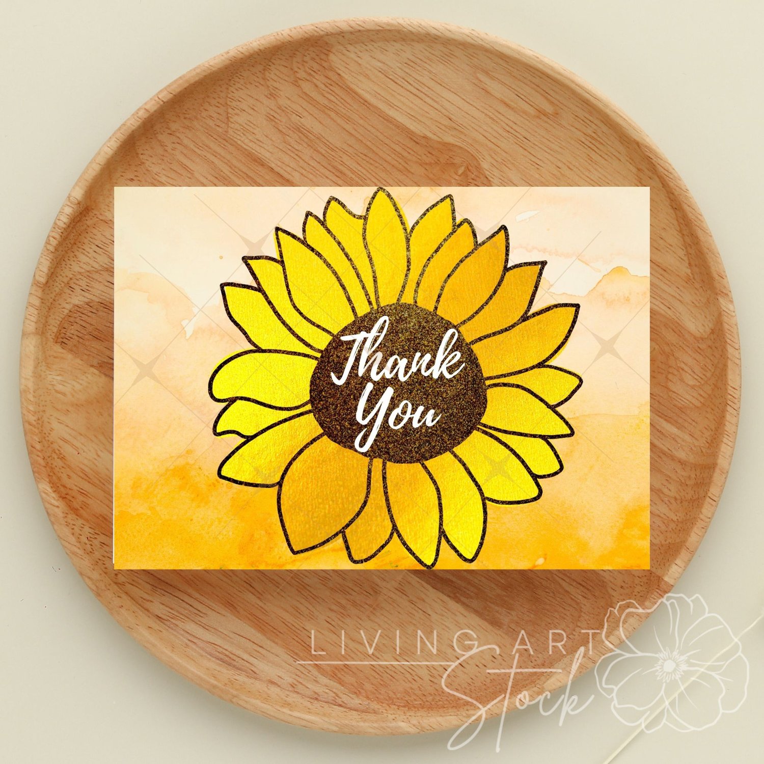 This cheerful digital illustration features a large, hand-drawn sunflower with vibrant yellow petals enhanced by subtle gold-toned textures. The center of the bloom is detailed with a dark brown glitter effect, providing a rich, tactile contrast to the cr