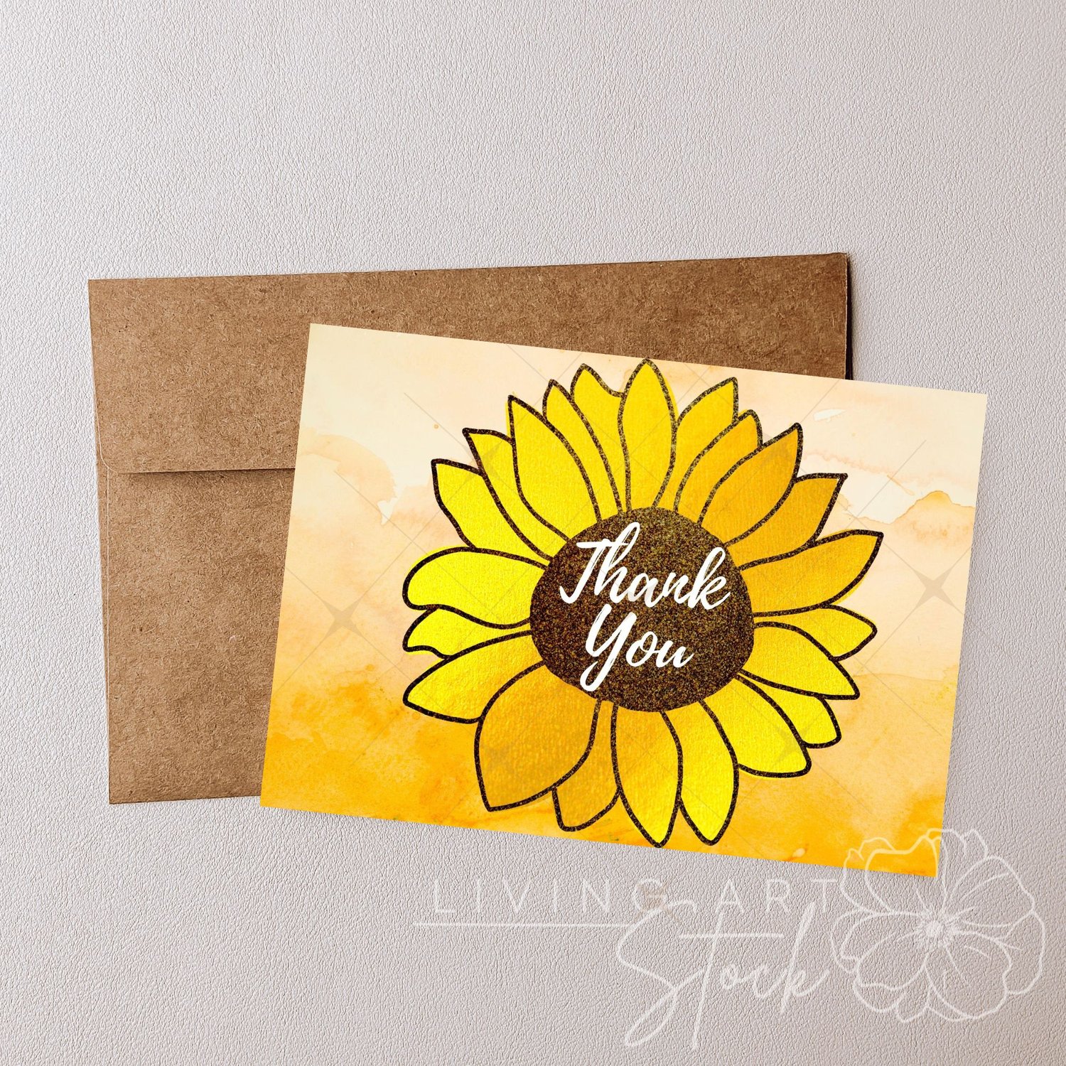 This cheerful digital illustration features a large, hand-drawn sunflower with vibrant yellow petals enhanced by subtle gold-toned textures. The center of the bloom is detailed with a dark brown glitter effect, providing a rich, tactile contrast to the cr