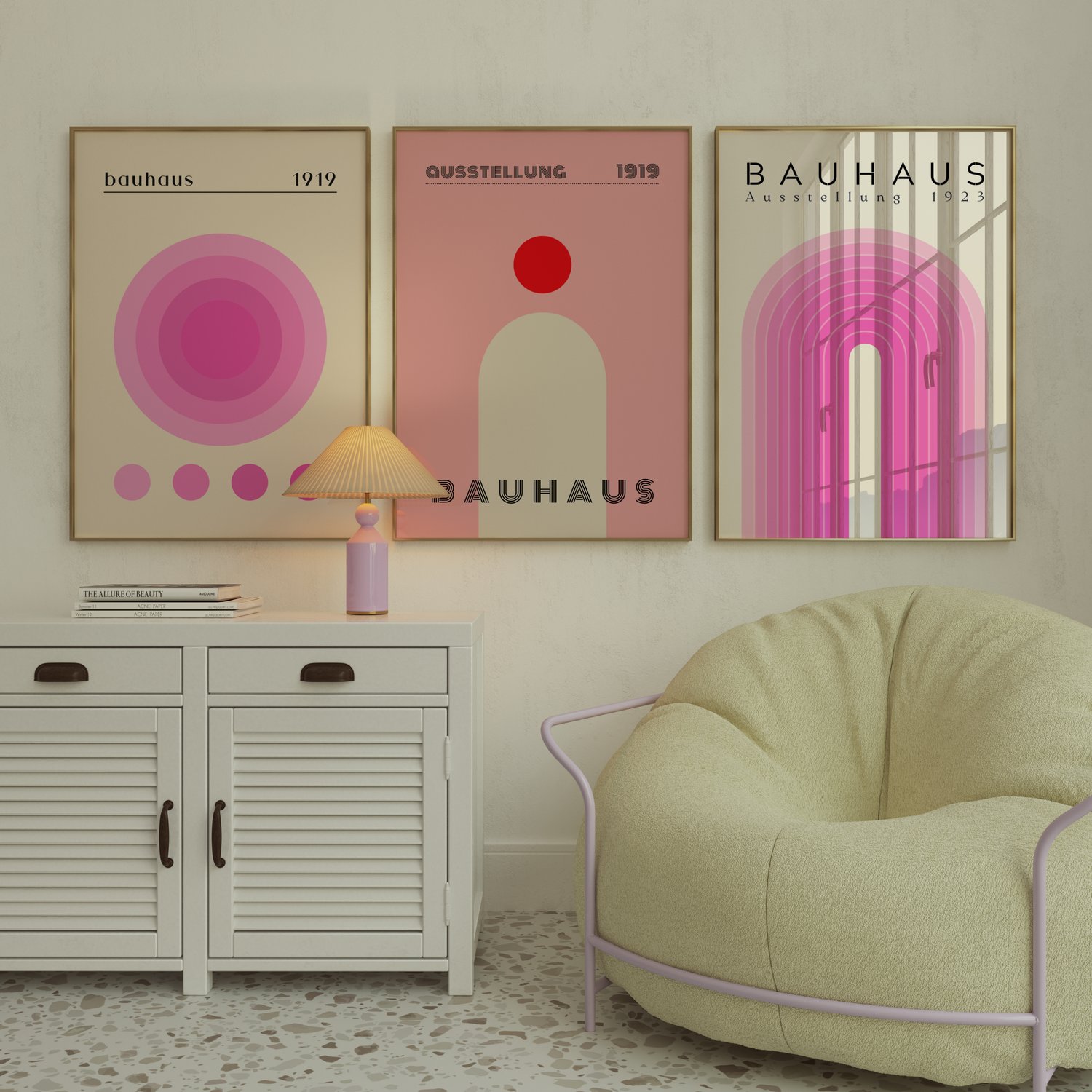 Bauhaus Pink Abstract Set of 3 Prints | Geometric Bauhaus Poster Trio | Modern Gallery Wall Art | Bauhaus Download