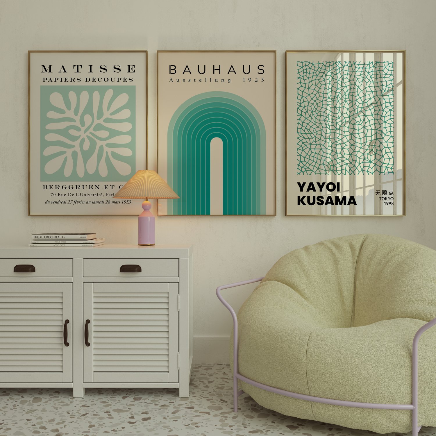 Bauhaus Matisse Kusama Inspired Set of 3 Prints | Green Abstract Wall Art | Modern Geometric Gallery Wall | Bauhaus Download