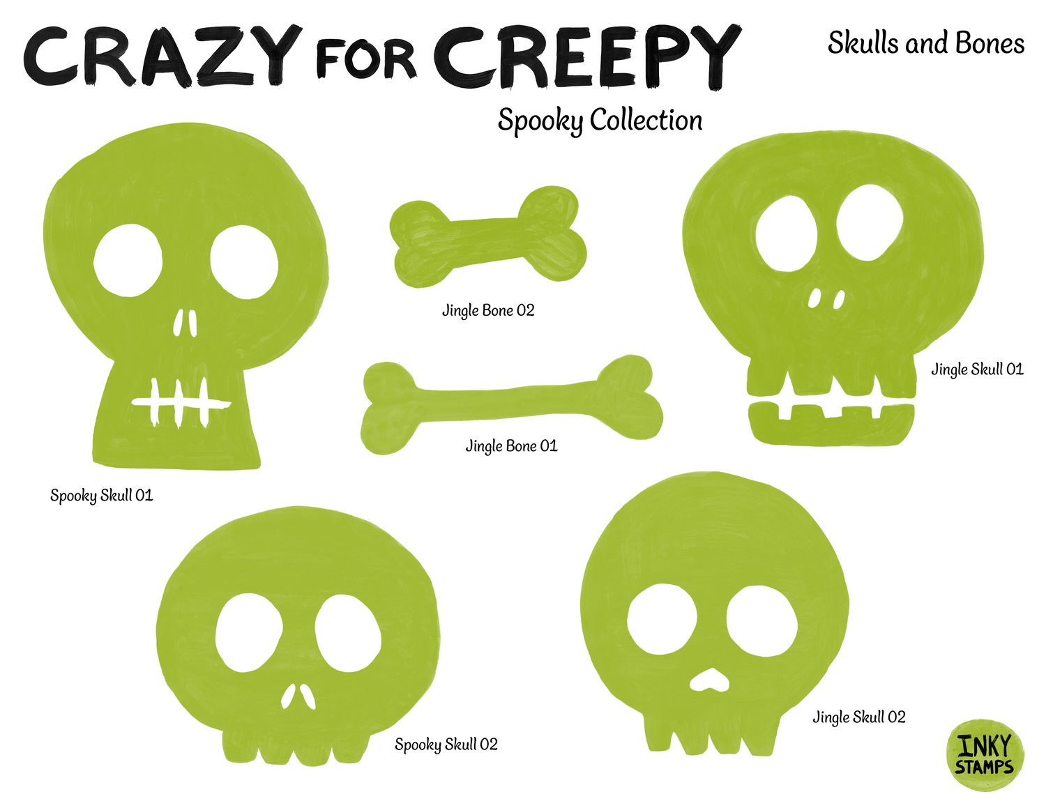 Crazy for Creepy - Spooky Collection. INKY STAMPS. Skulls and Bones