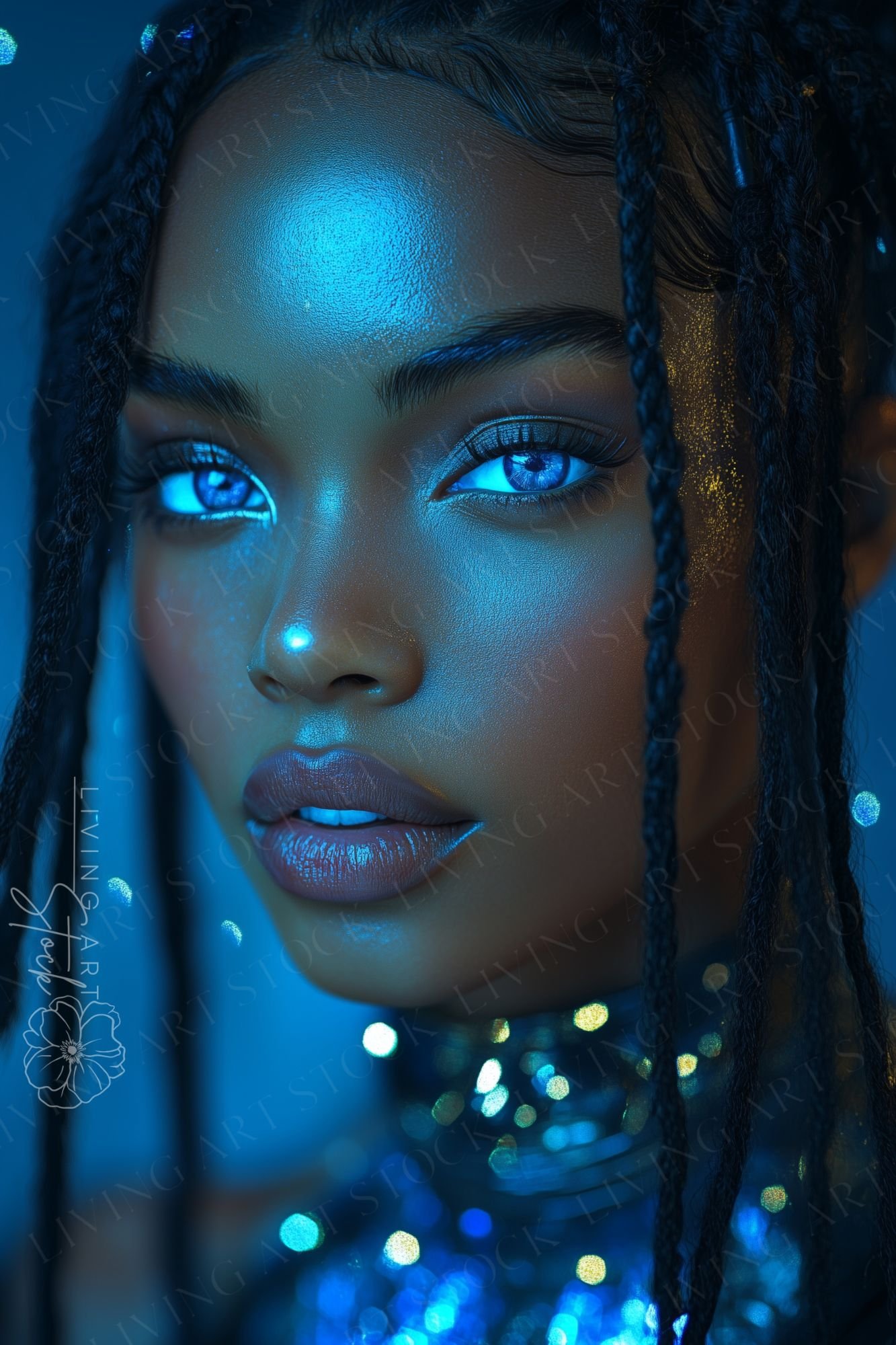 A high-detail, cinematic portrait of a young Black woman featuring a futuristic or sci-fi aesthetic. She has intricate dark braids framing her face and glowing, electric blue eyes that serve as the focal point. Her skin has a soft, luminous sheen with sub