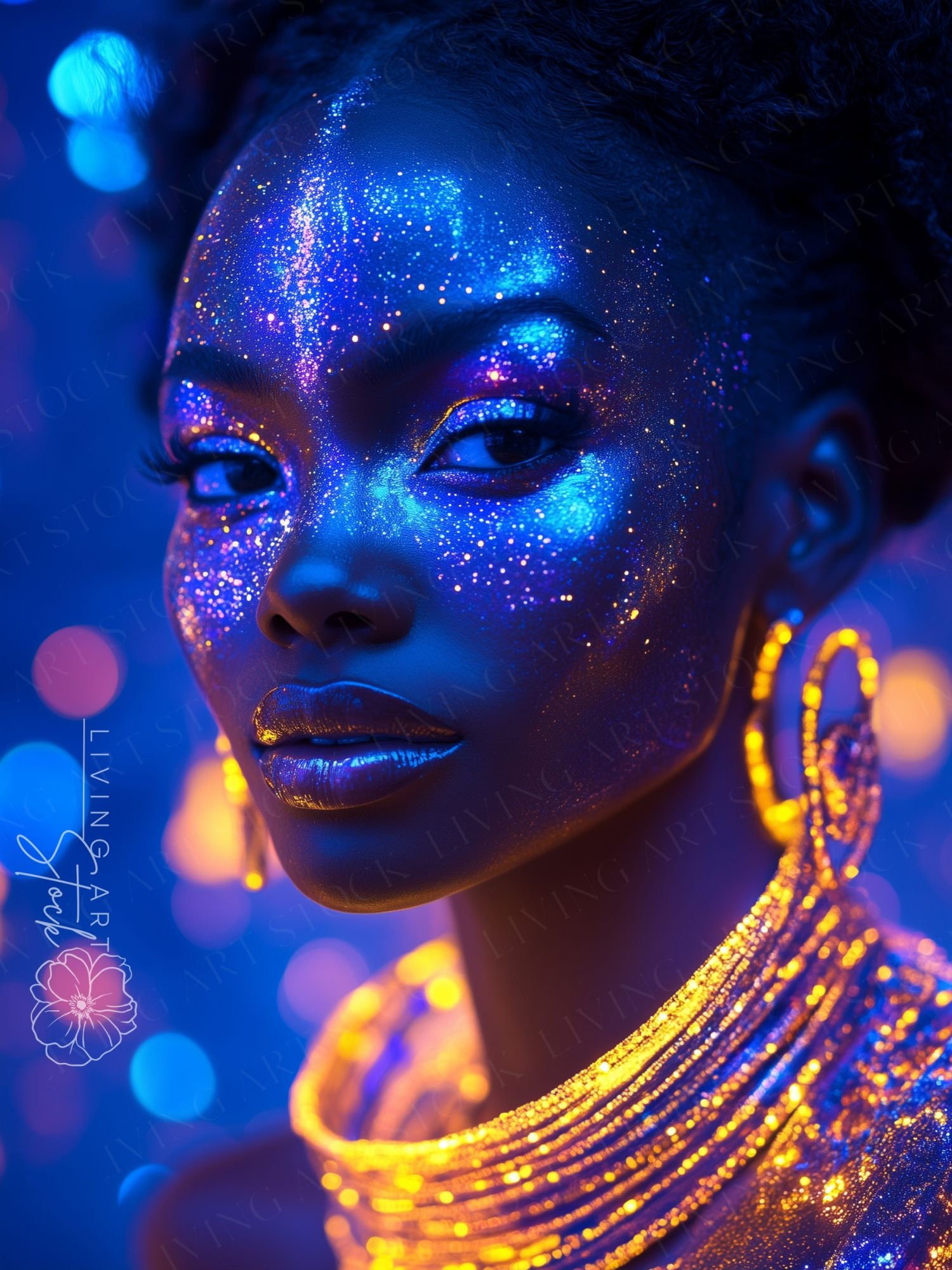 A mesmerizing, high-contrast portrait of a Black woman featuring ethereal, galaxy-like bioluminescent sparkles across her face and forehead. She is adorned with glowing, multi-layered golden necklaces and large hoop earrings that emit a warm, radiant ligh