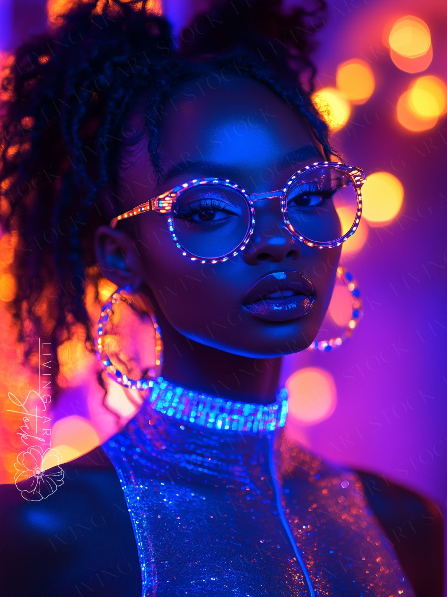 A stylish, cinematic portrait of a young Black woman wearing illuminated LED-rimmed glasses and shimmering, neon-blue futuristic apparel. Her hair is styled in high, textured ponytails, and she wears large glowing hoop earrings that complement the vibrant