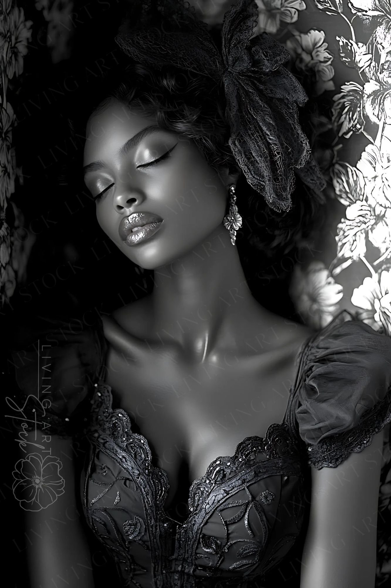 A high-glamour, monochrome portrait featuring a beautiful Black woman in a serene pose with her eyes closed. She is dressed in an ornate, lace-trimmed vintage gown with intricate floral embroidery. Her hair is styled with a large, delicate lace bow or hea