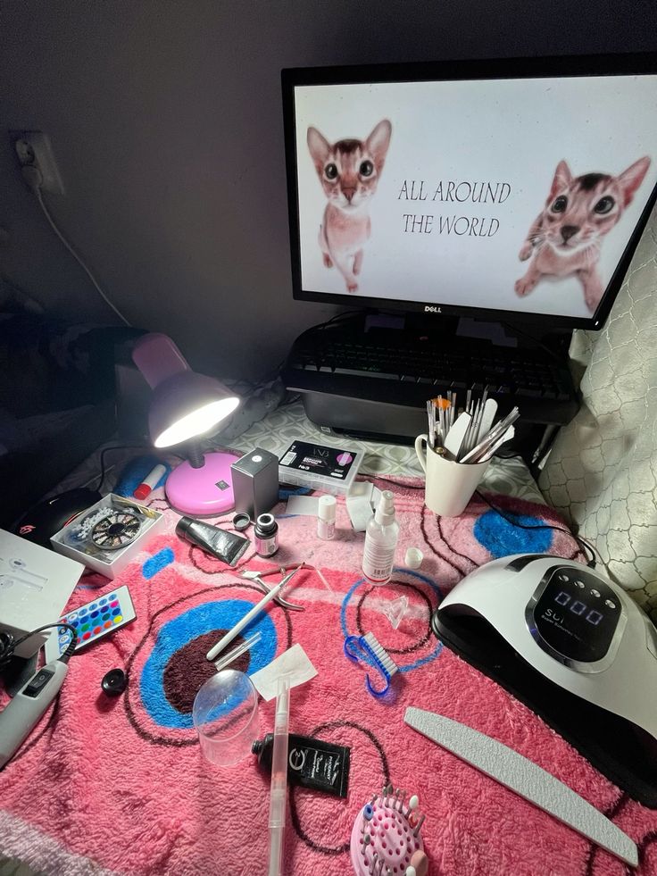 A nail technician carefully painting intricate nail art on a client’s hands in a bright, modern studio with neatly arranged tools.