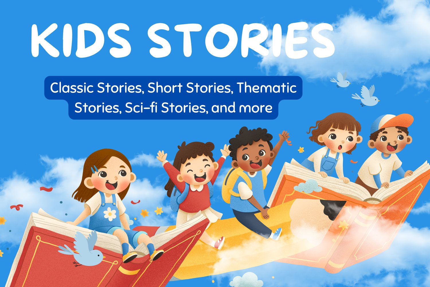 Illustration of happy children riding on flying open books in the sky, with clouds, birds, and the title “Kids Stories” highlighting classic, short, thematic, and sci-fi stories for kids.