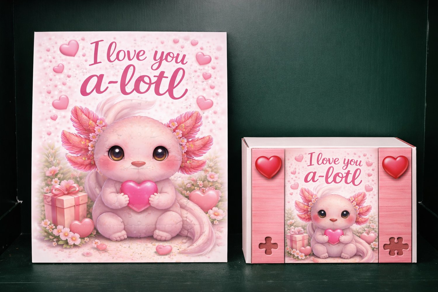 I love you a-lotl Valentine’s Day jigsaw puzzle with cute axolotl and heart-themed artwork