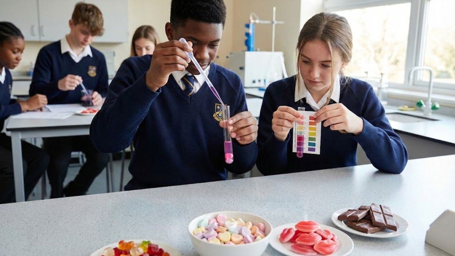 Two secondary students in a science lab using pipettes and test tubes to test coloured liquids, with sweets and chocolate on the table for a classroom investigation.