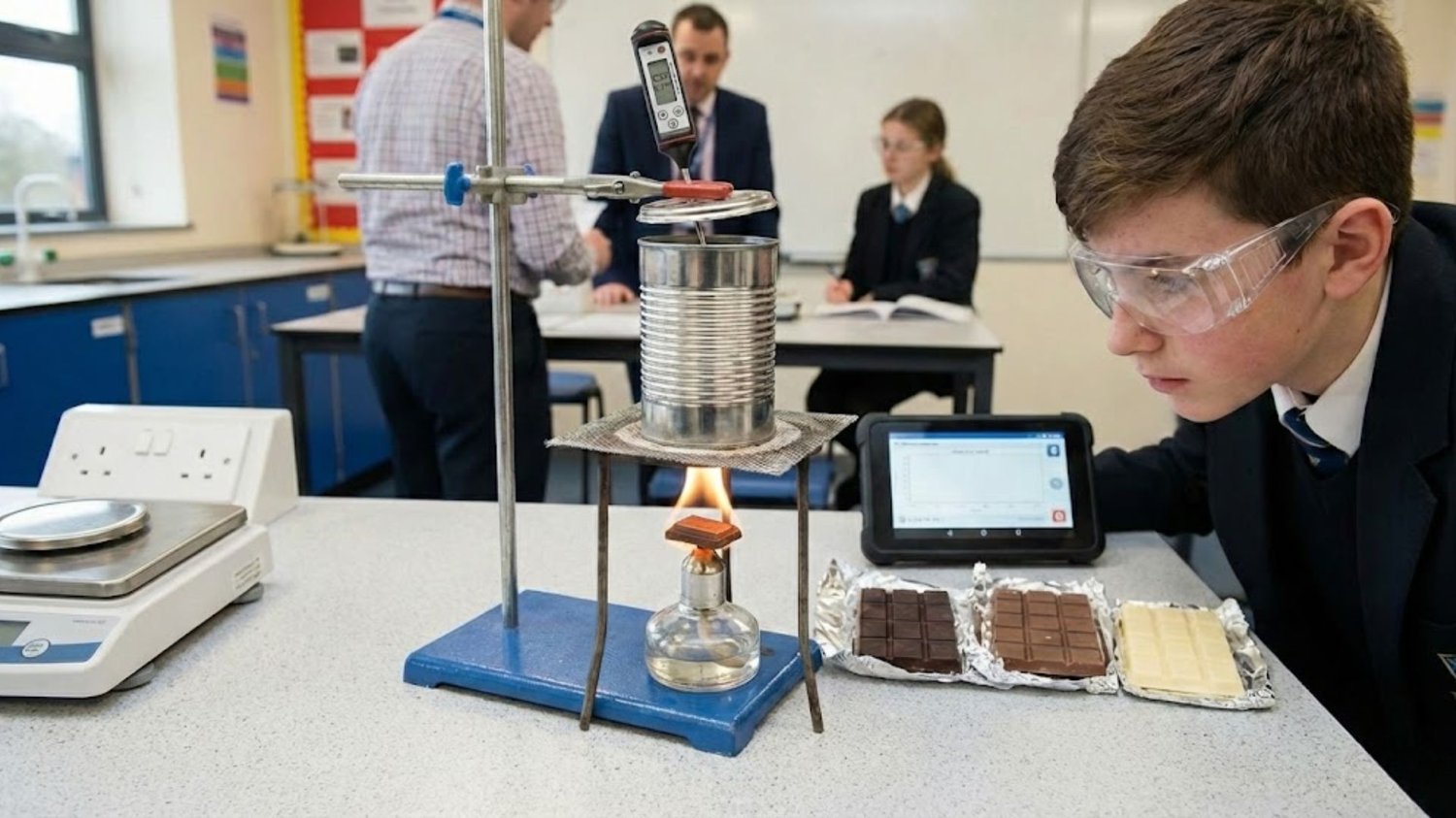 Calorimetry setup with burning chocolate heating water for Valentine's science