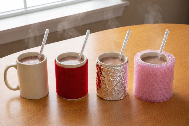 Cups wrapped in different insulating materials with thermometers