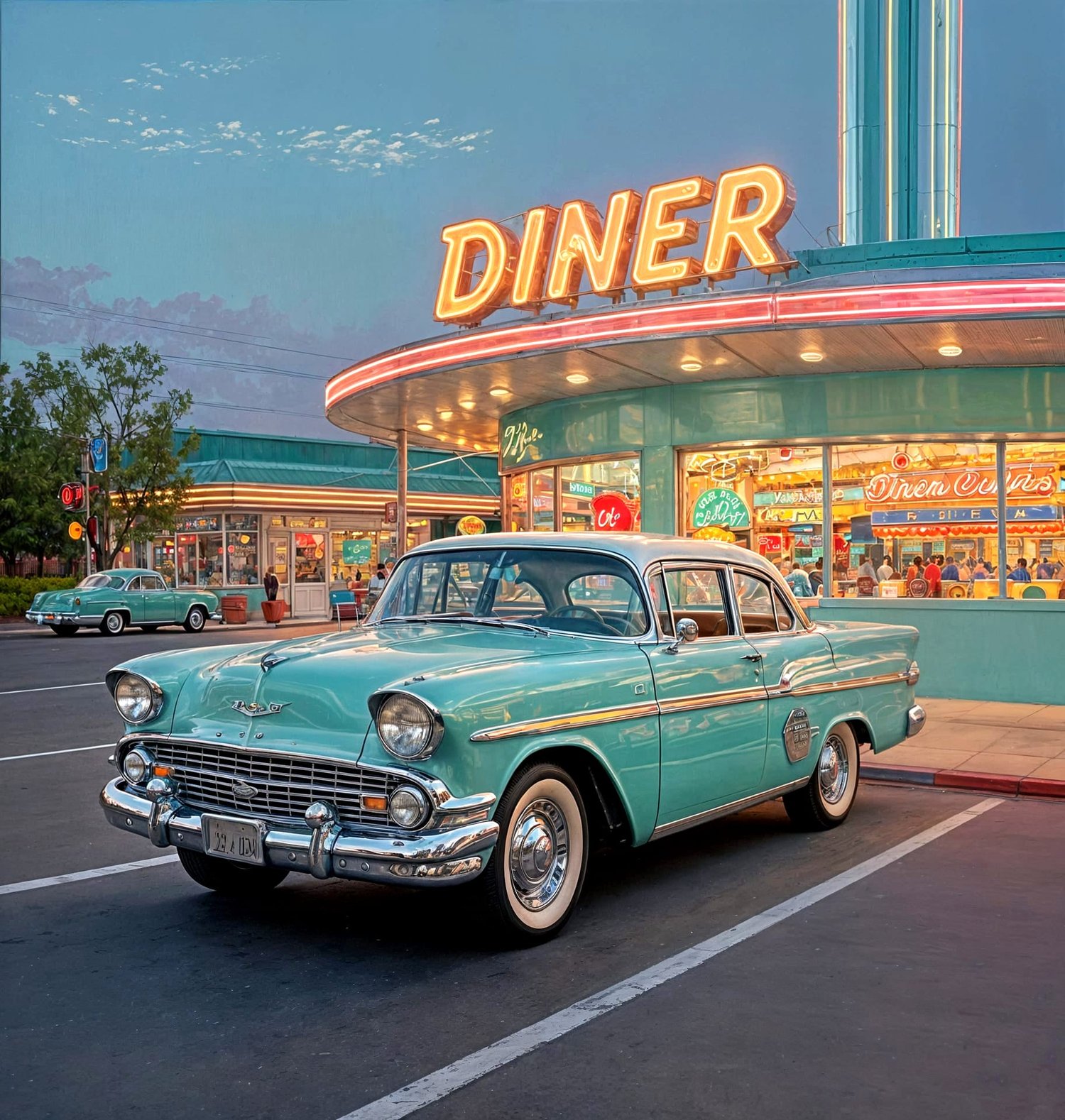 Classic car parked outside a 1950s diner