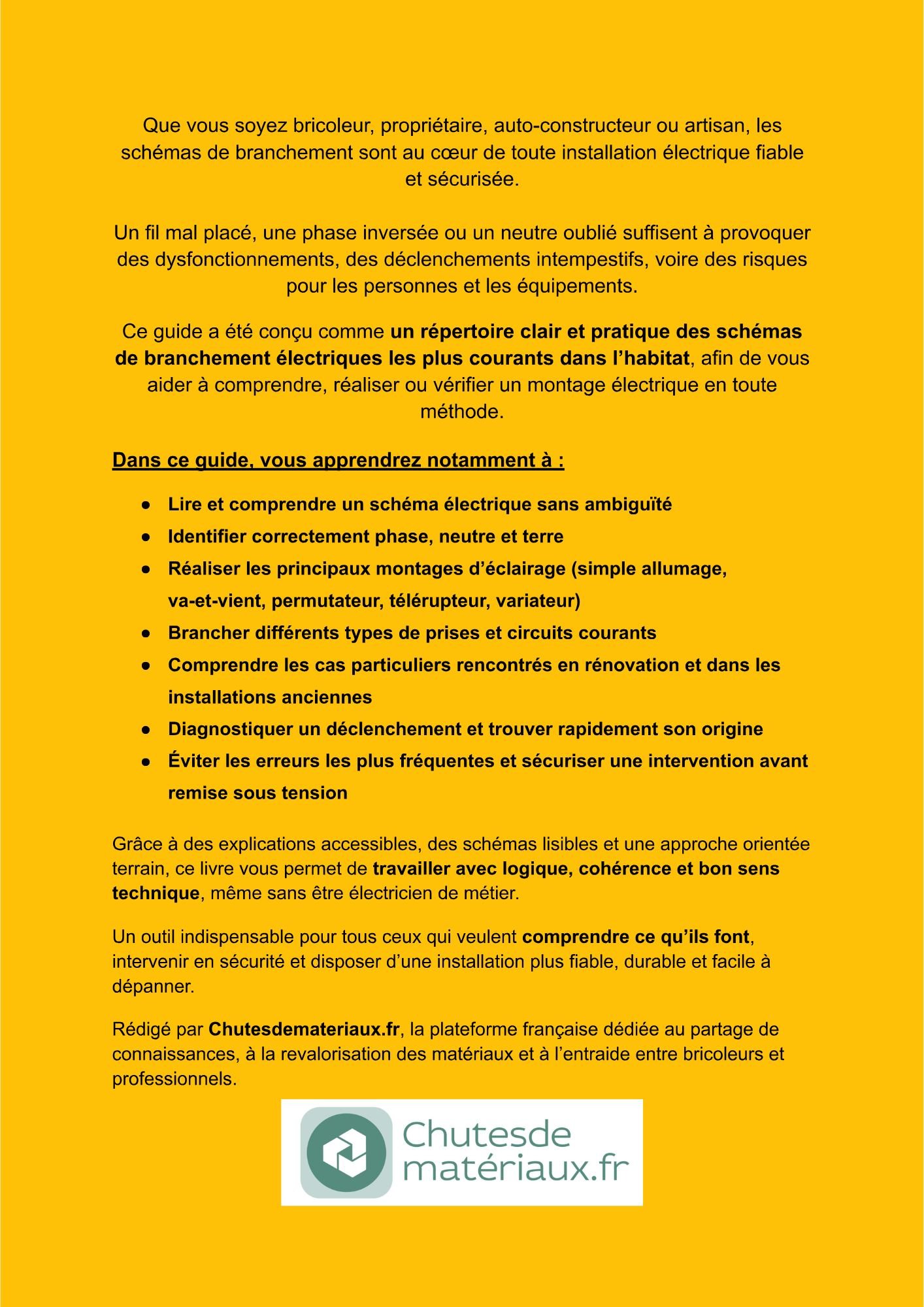 Présentation arrière du guide Schémas de branchement électriques avec liste des cas pratiques pour l’habitat et la rénovation