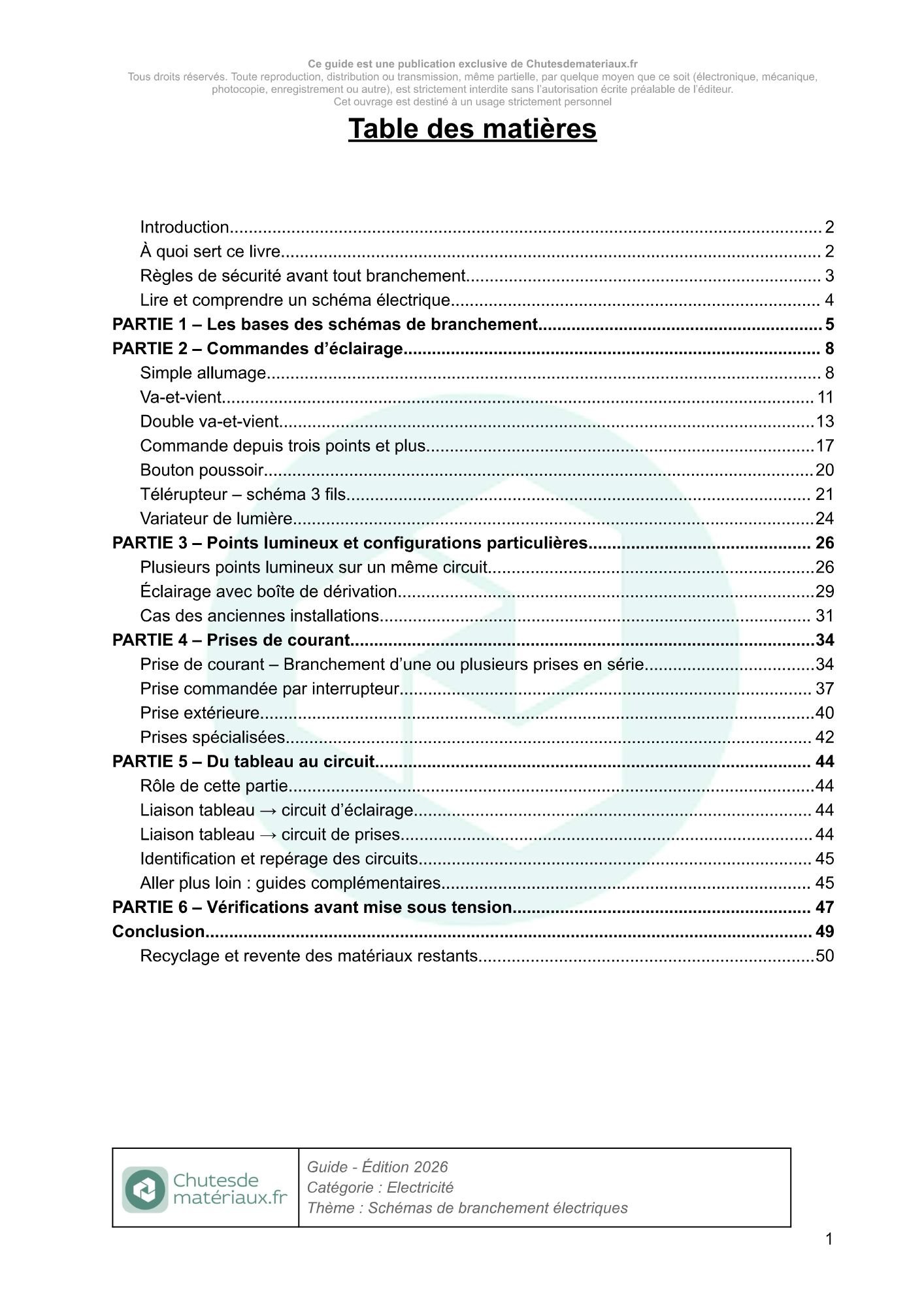 Tableau récapitulatif des schémas de branchement électriques pour va-et-vient, télérupteur, permutateur et circuits domestiques