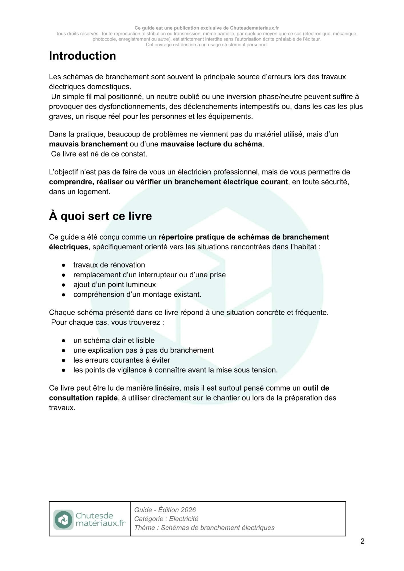 Introduction du guide Schémas de branchement électriques expliquant les principes de câblage et la conformité à la norme NFC 15-100